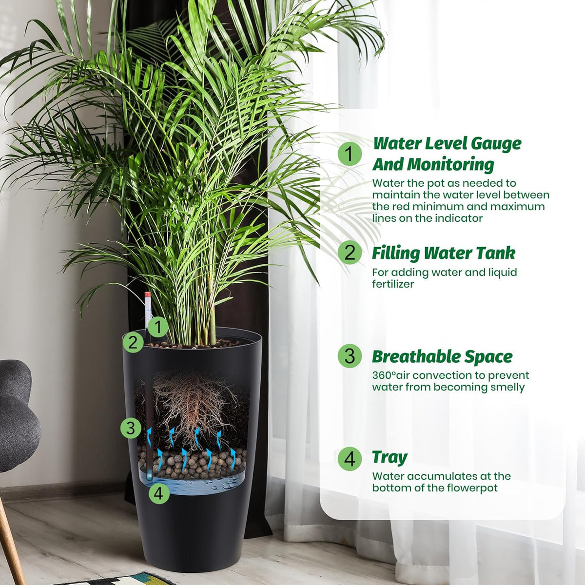 Riedhoff 21.5" Tall Round Planter Pots with Water Level Monitor, Self-Watering, 2 Count