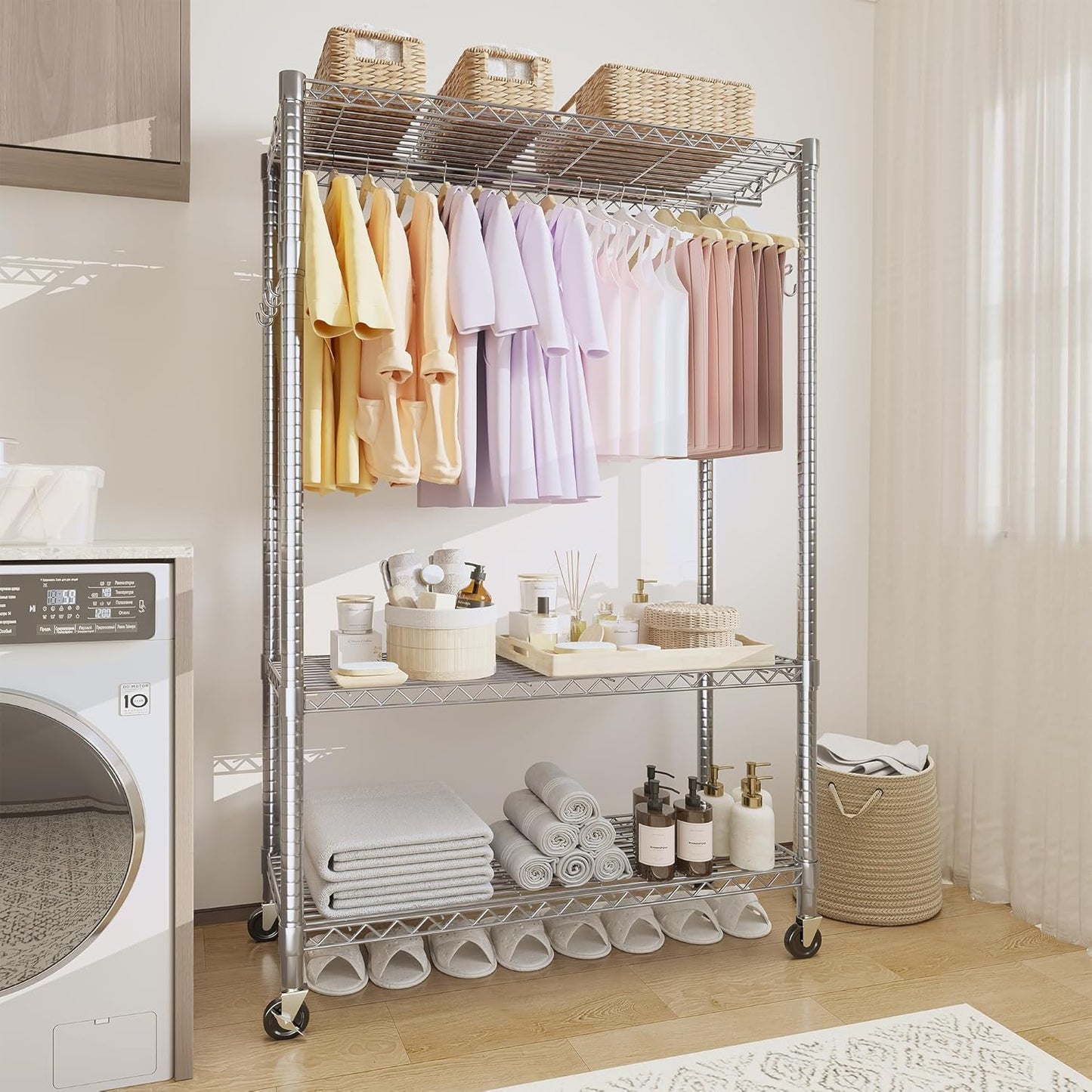 Garvee Rolling Clothes Rack, Adjustable Garment Rack, Wheels and Hooks, 45.2 x 15.8 x 75.7", Silver