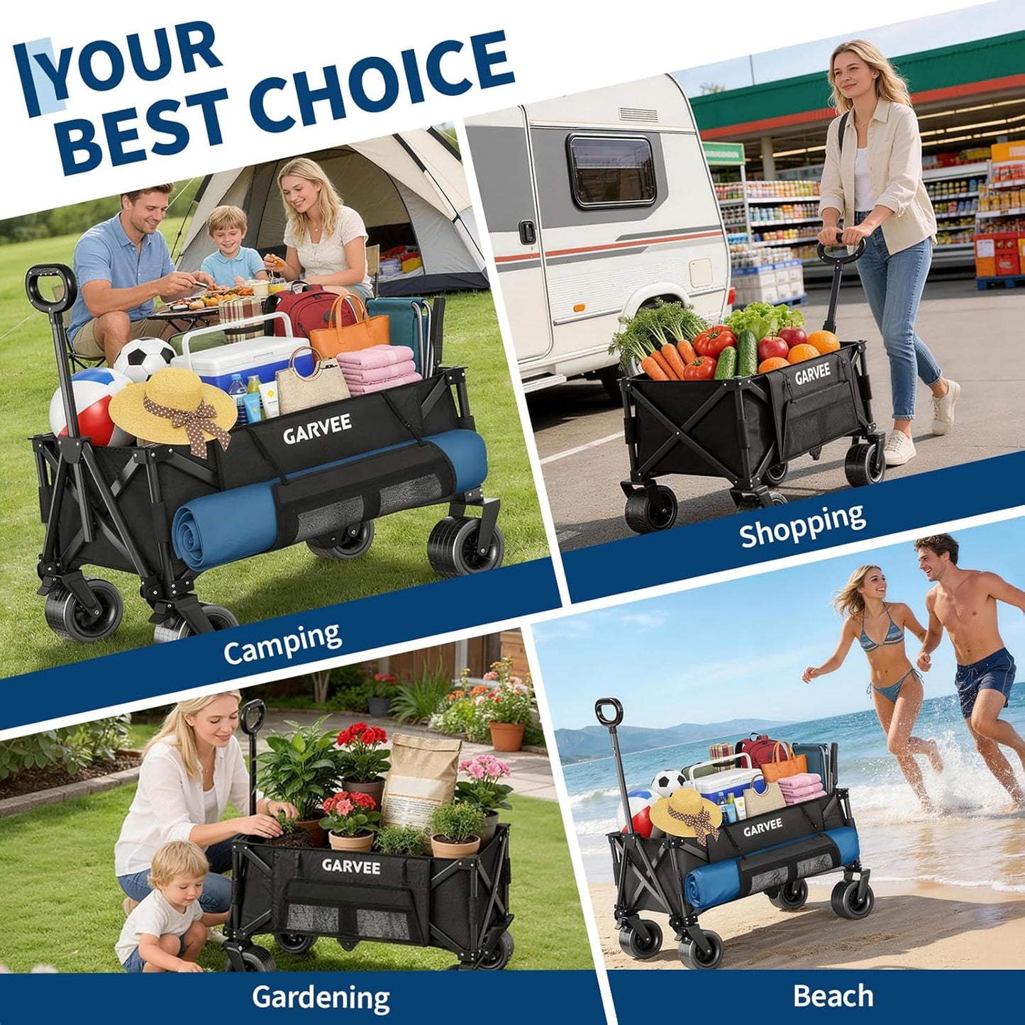 Garvee Large Foldable Wagon Carts, 480 ibs Weight Capacity, 280L with 4" Width Wheels