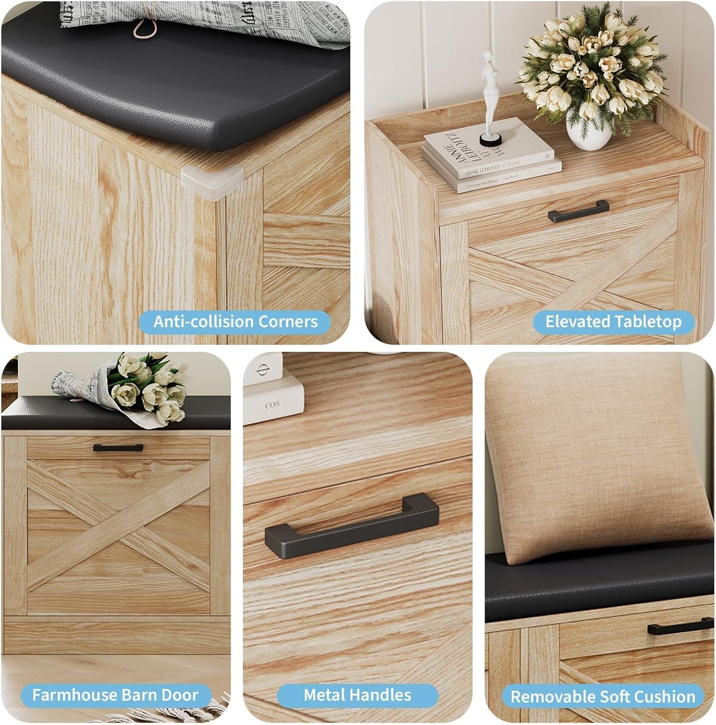 Garvee Shoe Storage Bench, 68.5 x 11.8 x 36.4", with 4 Flip Drawers & Padded Seat Cushion, Oak