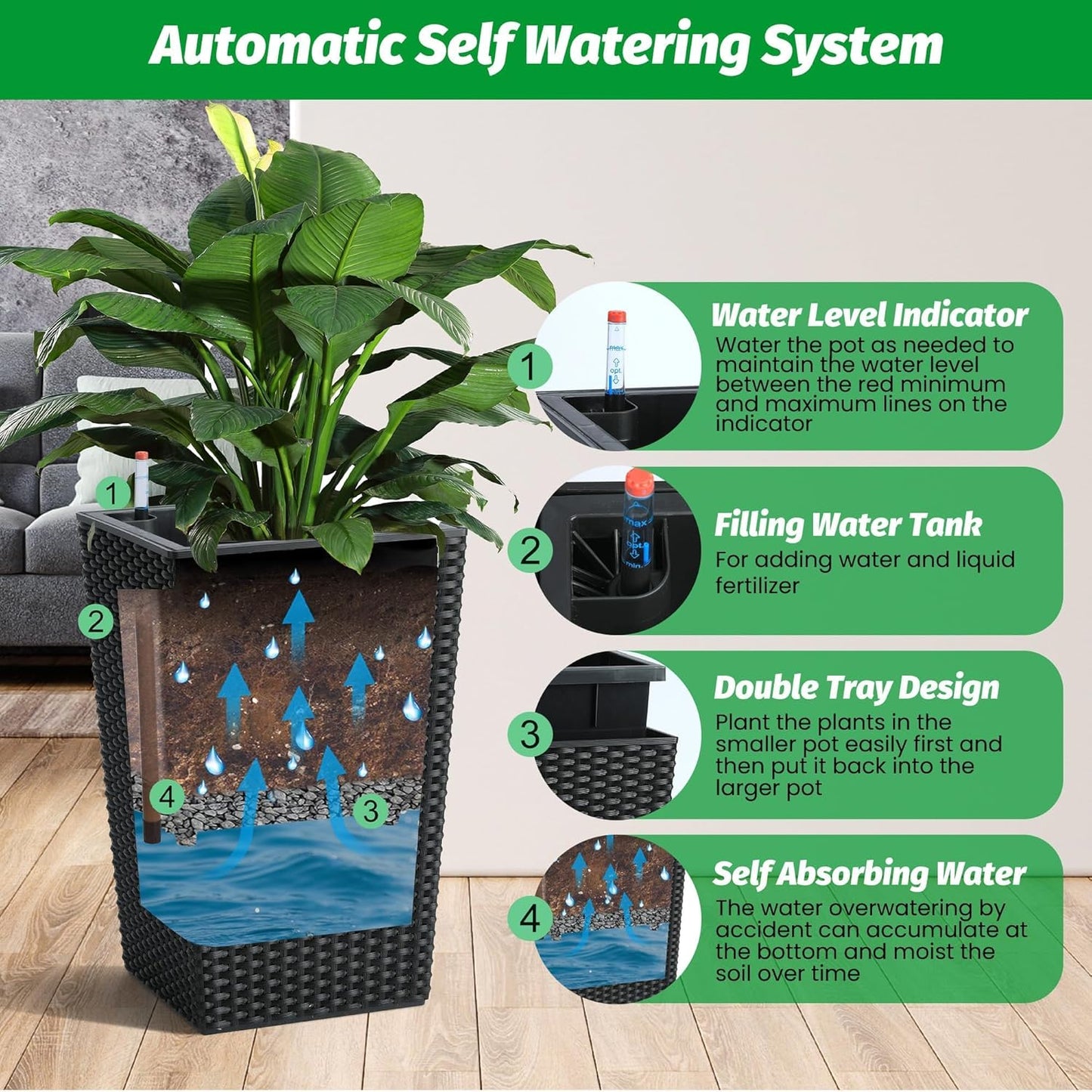 Garvee 15.6" Tall Planter Pots Set of 2, Rattan style, Tray & Water Level Monitor