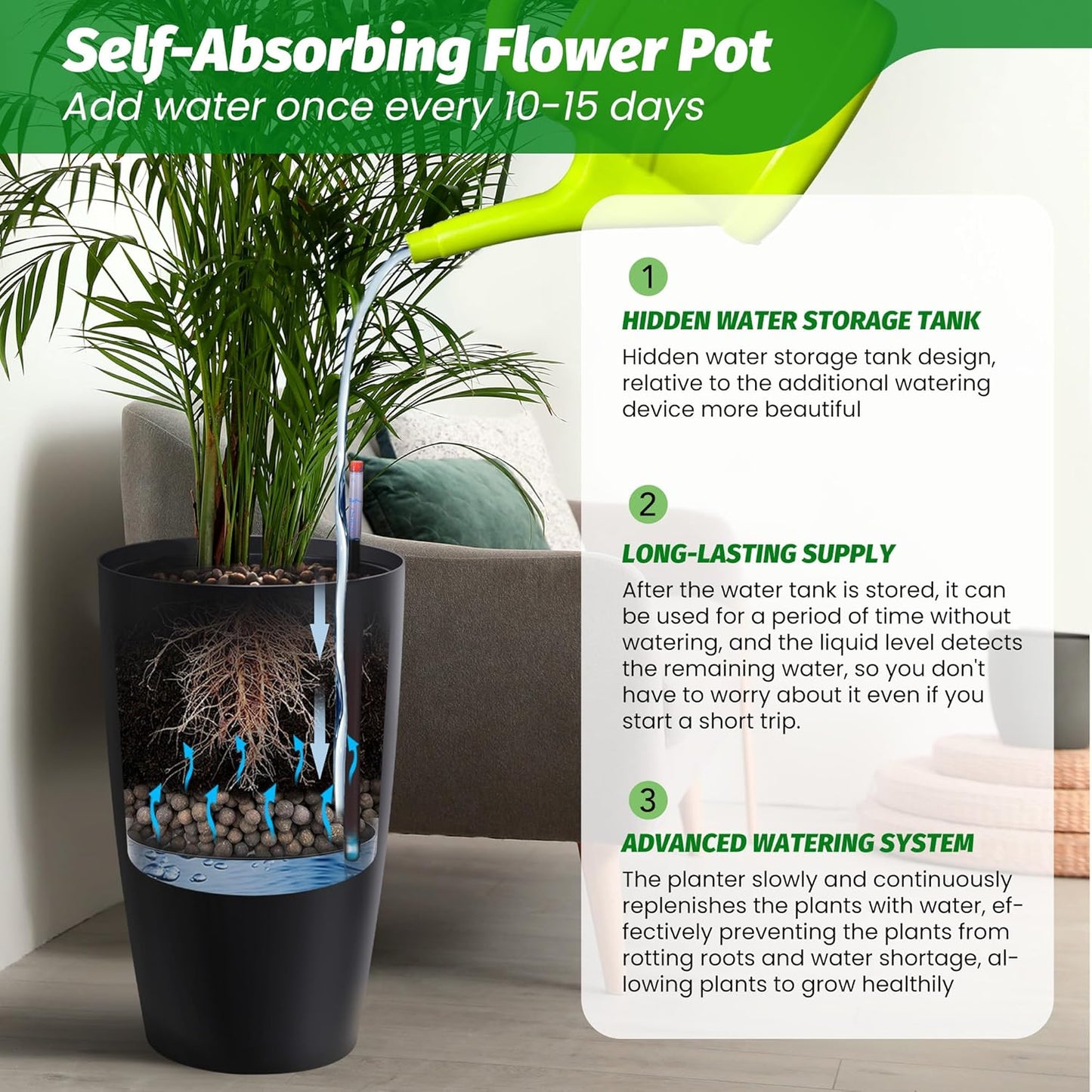 Riedhoff 21.5" Tall Round Planter Pots with Water Level Monitor, Self-Watering, 2 Count