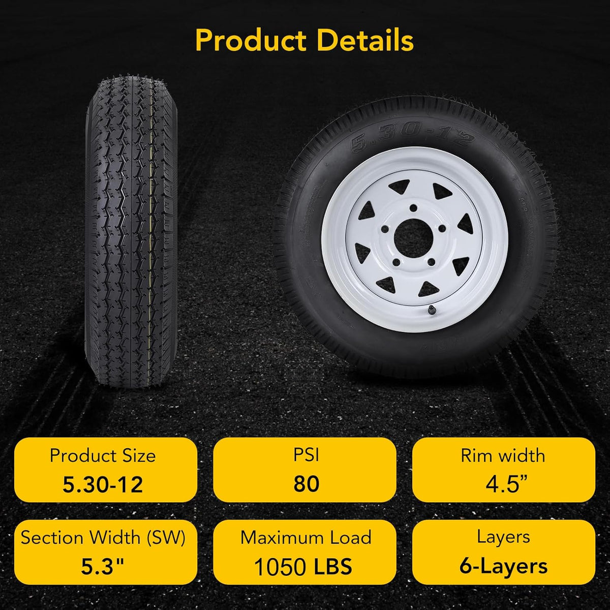 Riedhoff 5.30-12 Trailer Tires 2 Pack, with 12'' Rims, 5 Lug on 4.5", Load Range C, 6 PR, Black