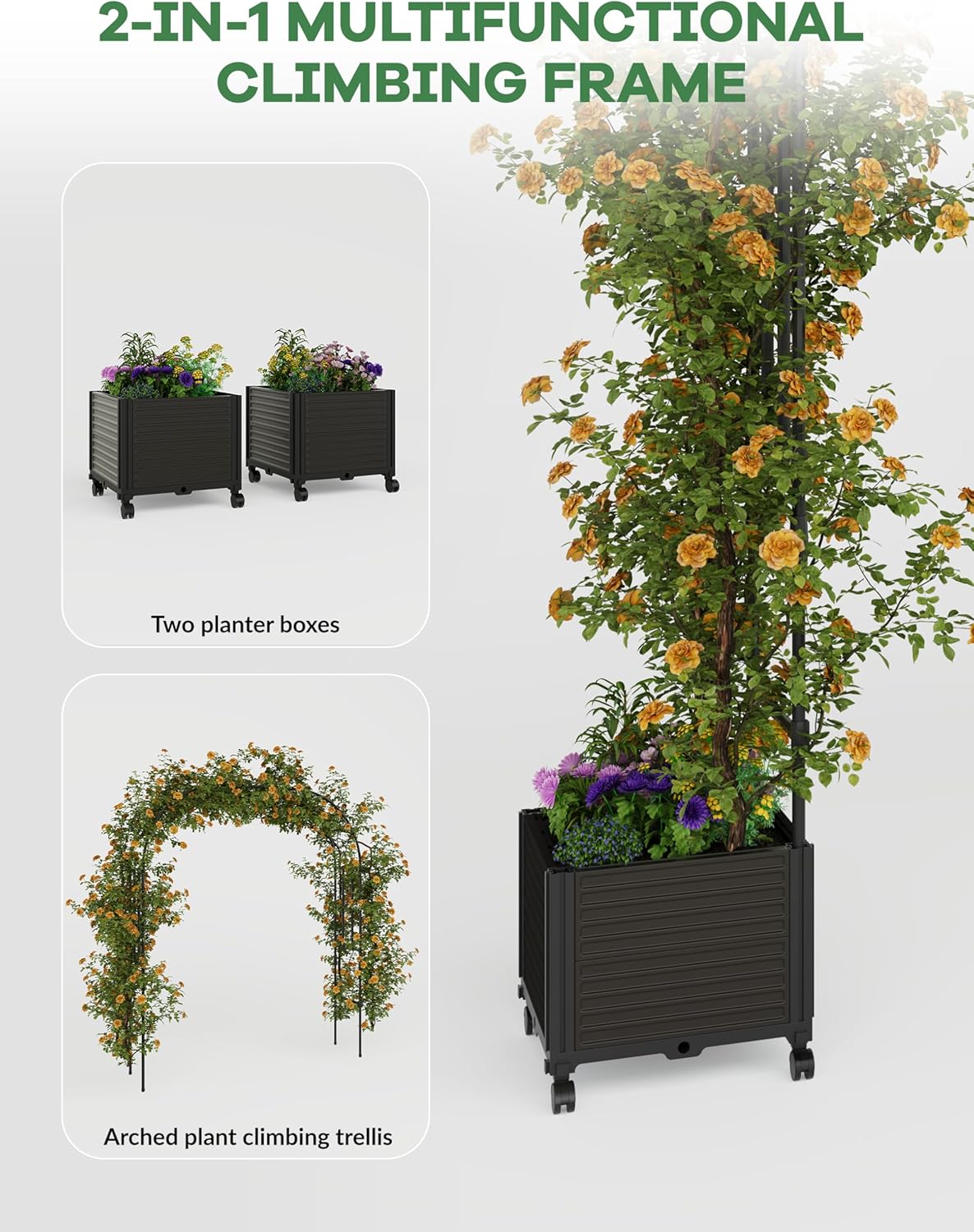 Garvee Metal Garden Arch Trellis for Climbing Plants, 2 Raised Planter Box, Black