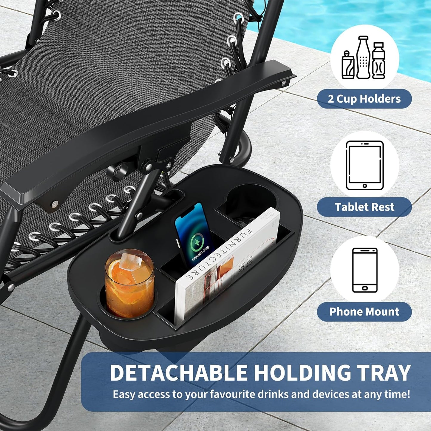 Garvee Adjustable Zero Gravity Lounge Chair Set of 2, Pillow & Cup Holder Tray
