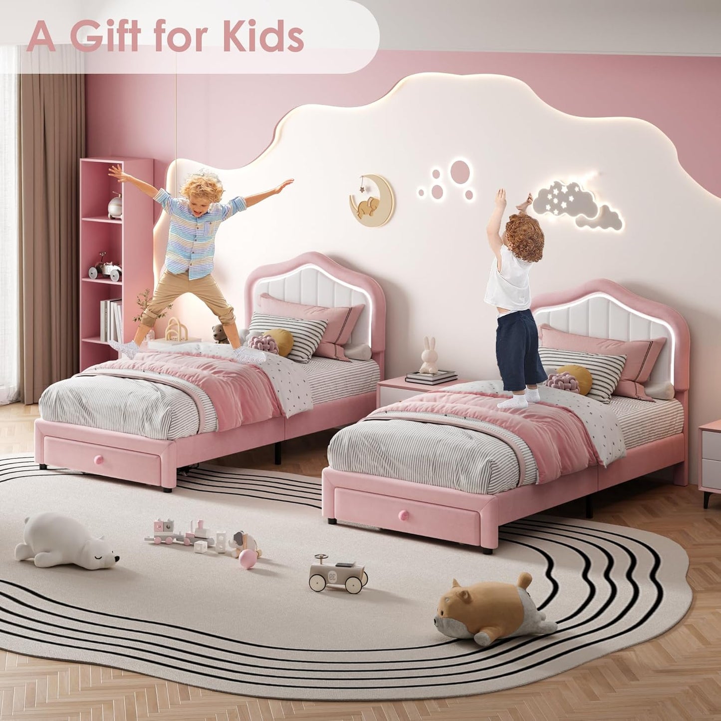 Goldensoil 11.4 inch Twin Size Bed Frame for Girls, with Storage Drawer, LED Light, Pink