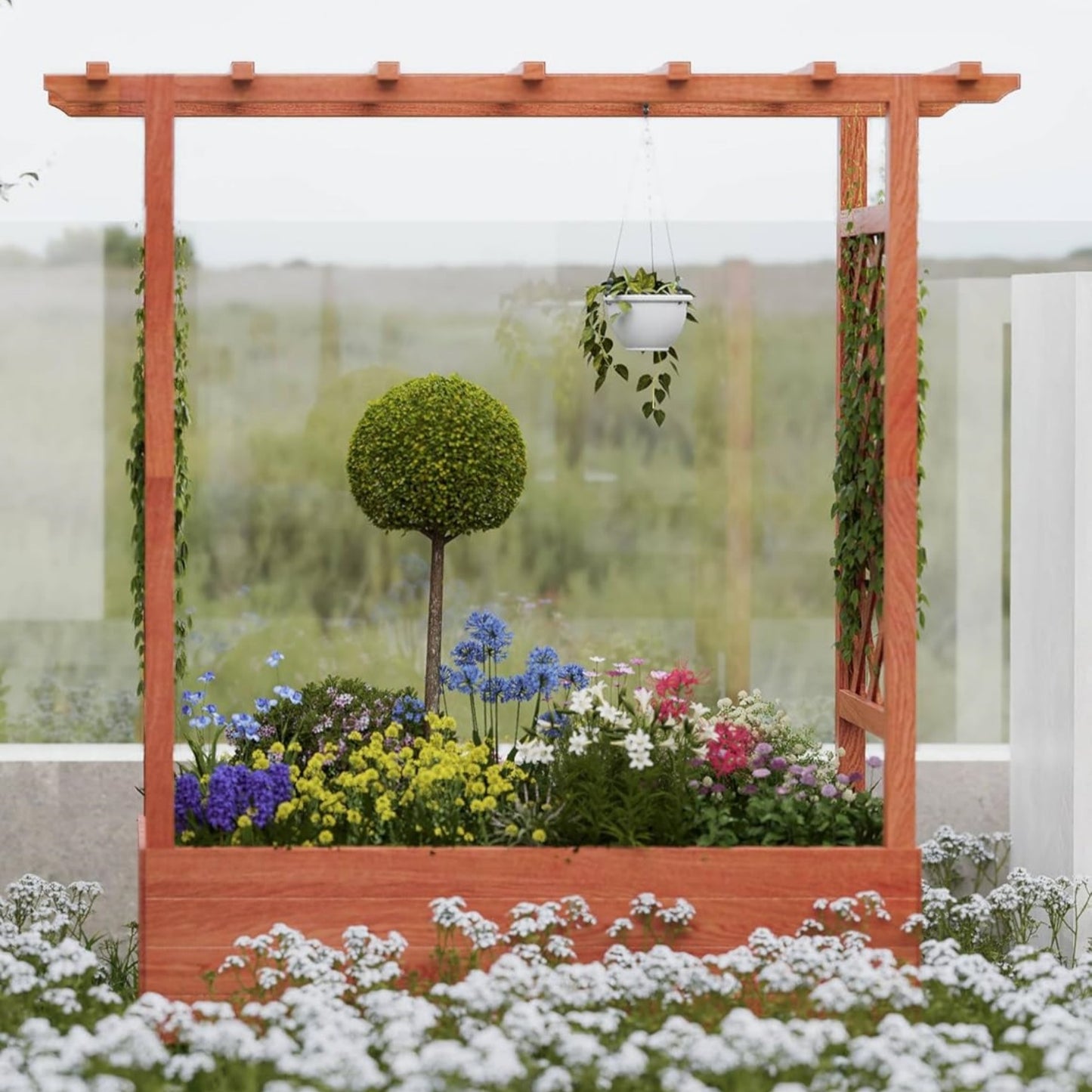 Riedhoff Wooden Raised Garden Bed with Trellis, Hanging Roof & Side Trellis