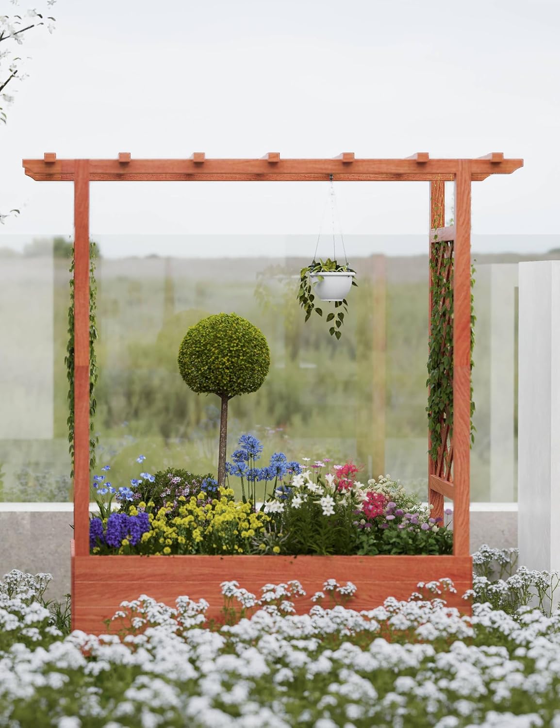Riedhoff Wooden Raised Garden Bed with Trellis, Hanging Roof & Side Trellis