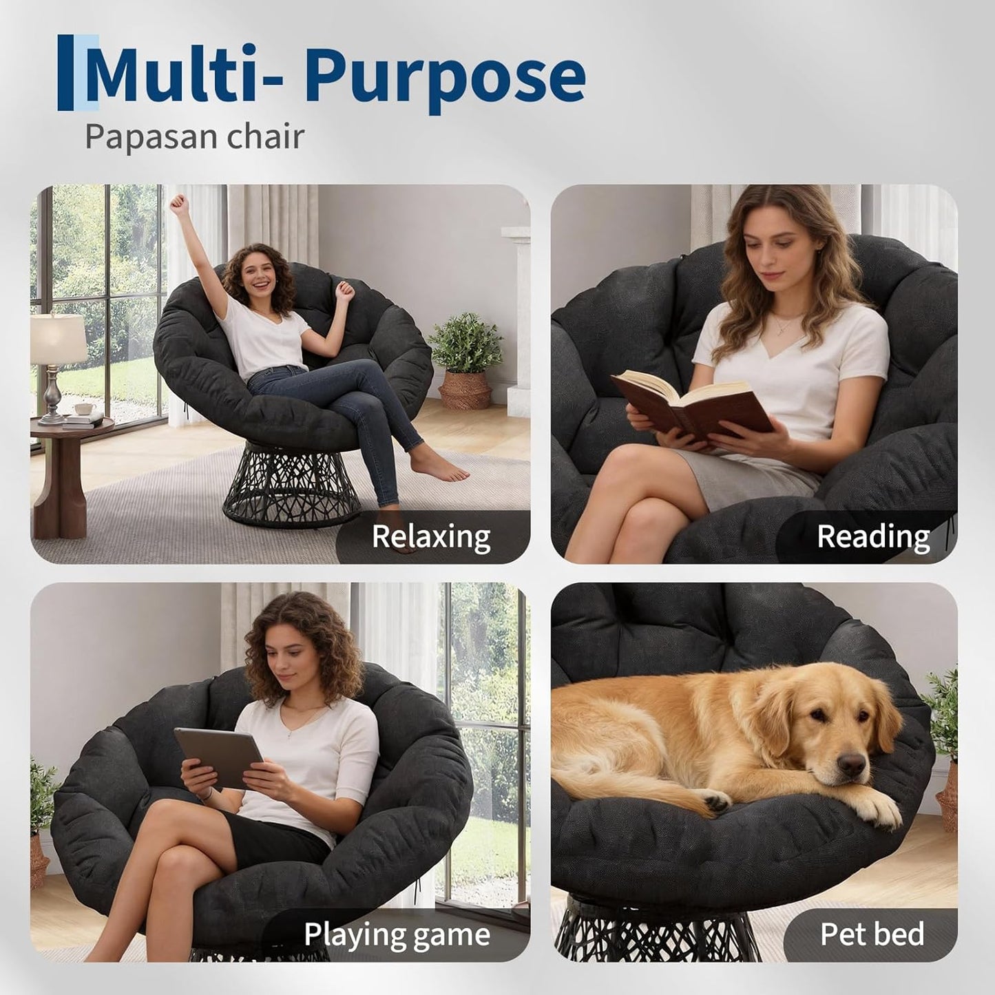 Riedhoff Wicker Papasan Chair 49 x 49 x 36", Extra-Thick Cushion, 360° Swivel Base