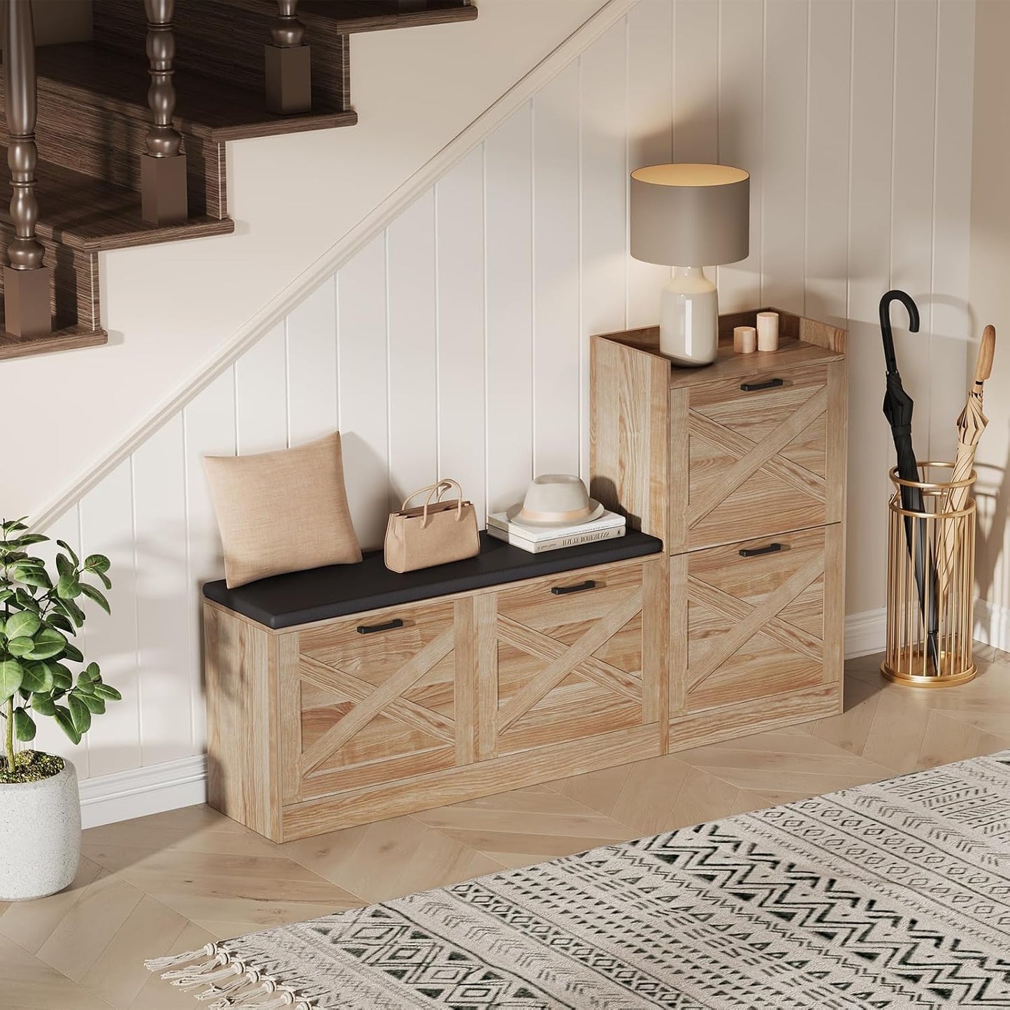 Garvee Shoe Storage Bench, 68.5 x 11.8 x 36.4", with 4 Flip Drawers & Padded Seat Cushion, Oak
