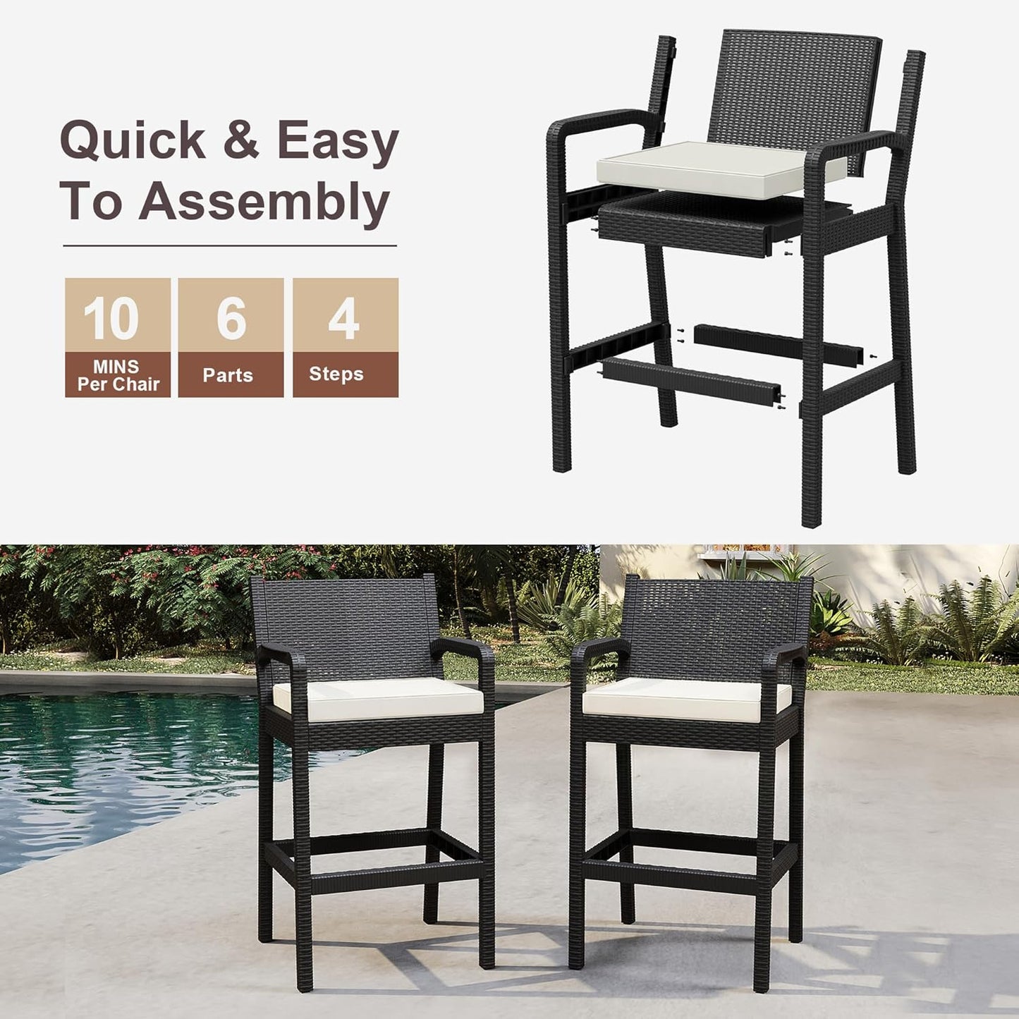 Garvee Patio Bar Stools Wicker Barstools, Set of 2, with Footrest & Armrest, 24.7 x 17.24 x 44.5"