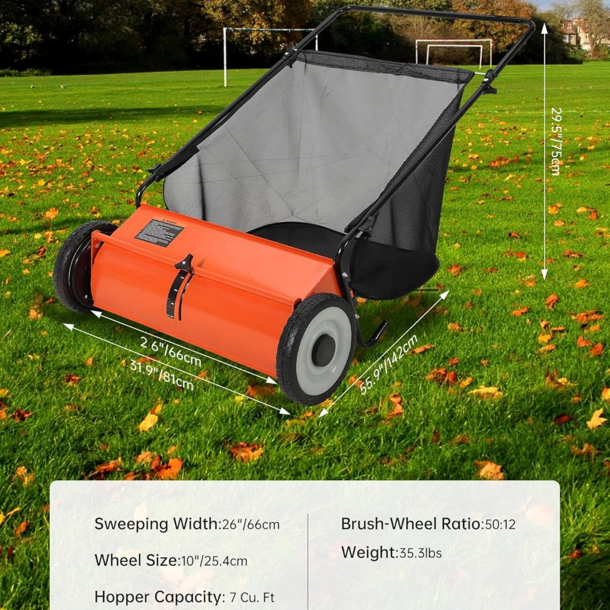 Riedhoff 26" Push Lawn Sweeper,4 Spinning Brushes, 7 Cu. Ft Capacity Collection Bag, Adjustable Height