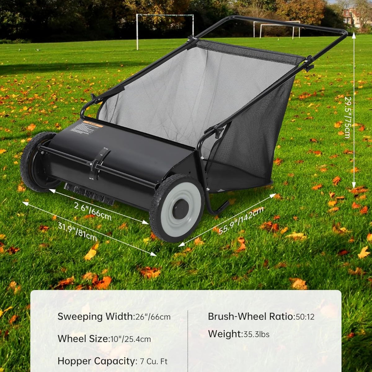 Riedhoff 26" Push Lawn Sweeper,4 Spinning Brushes, 7 Cu. Ft Capacity Collection Bag, Adjustable Height