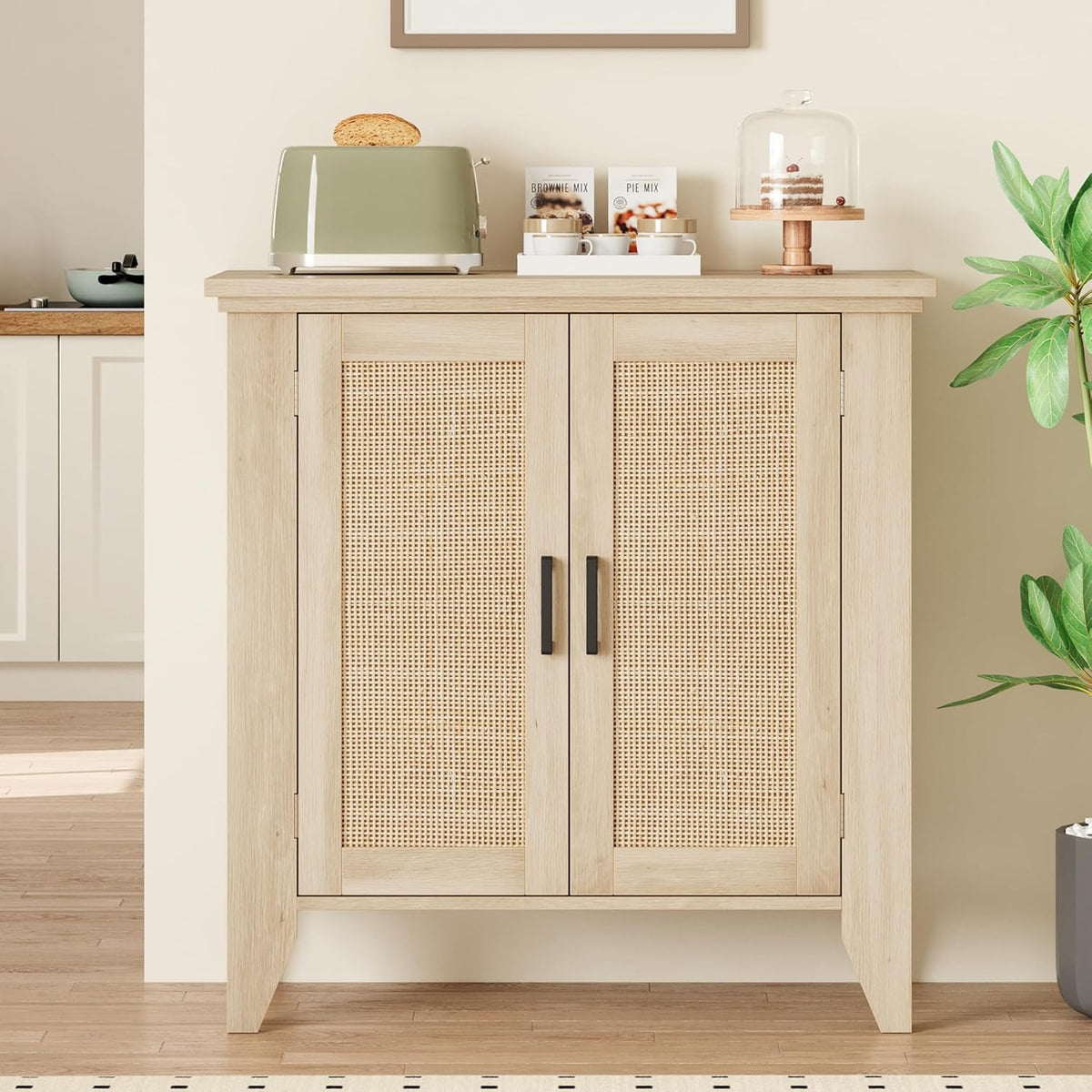 Garvee Rattan Sideboard Buffet Cabinet, 30 x 15.8 x 31.5", with Doors & Shelves, Oak