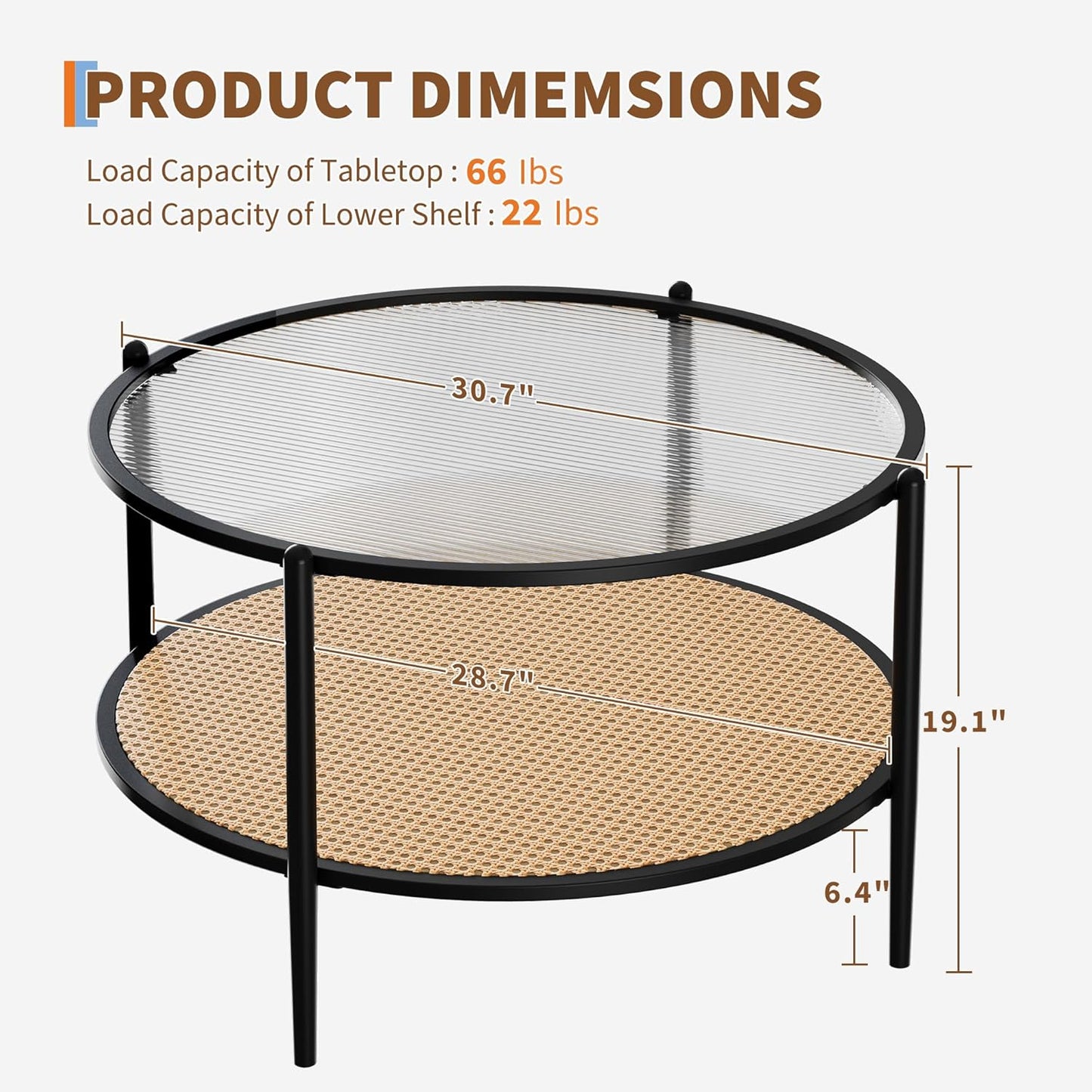 Garvee 2-Tier 30 inch Round Rattan Coffee Table with Storage