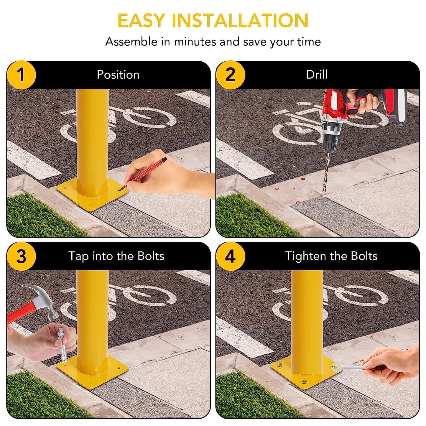 Garvee Safety Bollard 6 Packs, 48" High Heavy-Duty, 4.5" Diameter, with 24 Anchor Bolts -Yellow