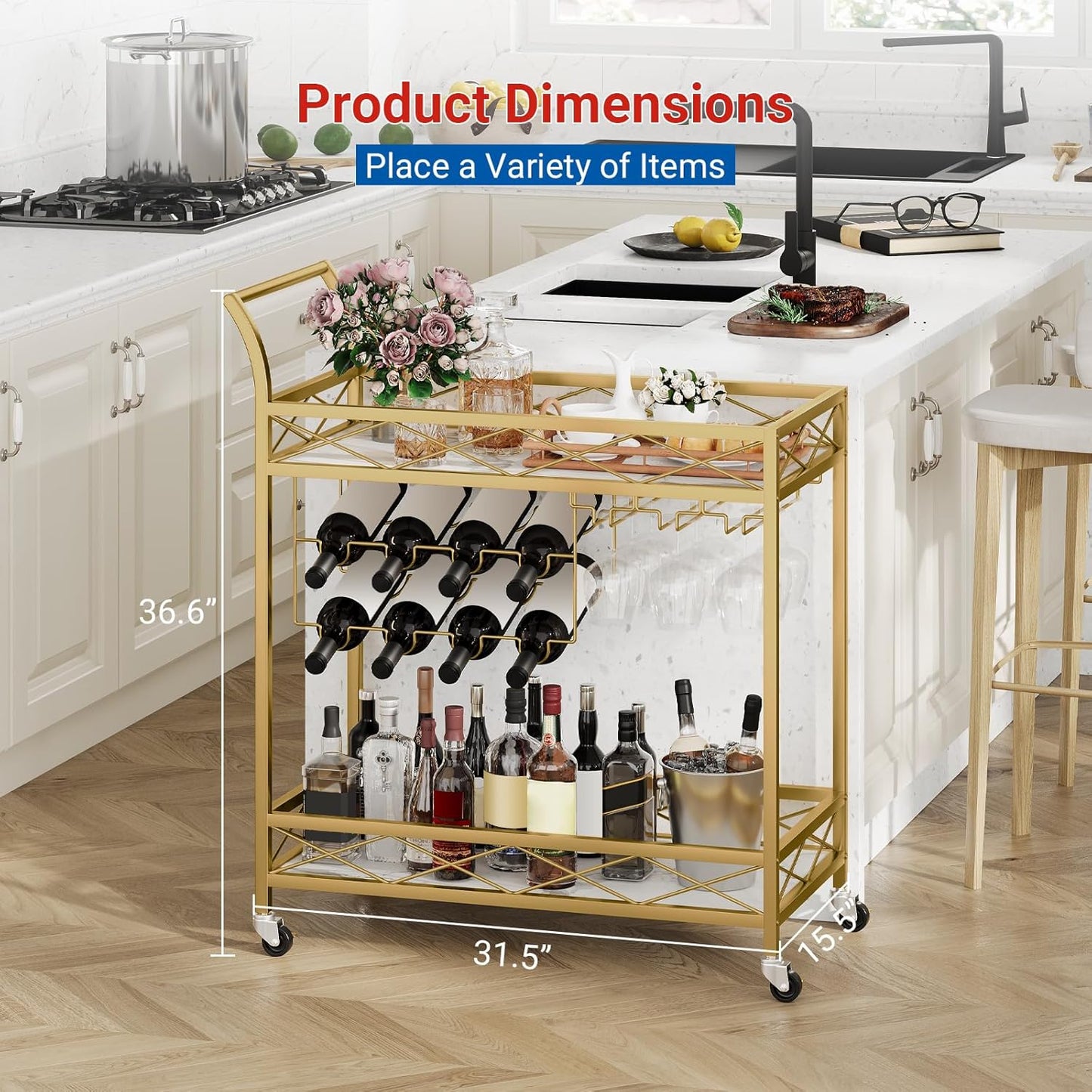 Garvee Bar Serving Cart, with 2-Tier Storage Shelves, Wine Rack, Glass Holder, Golden