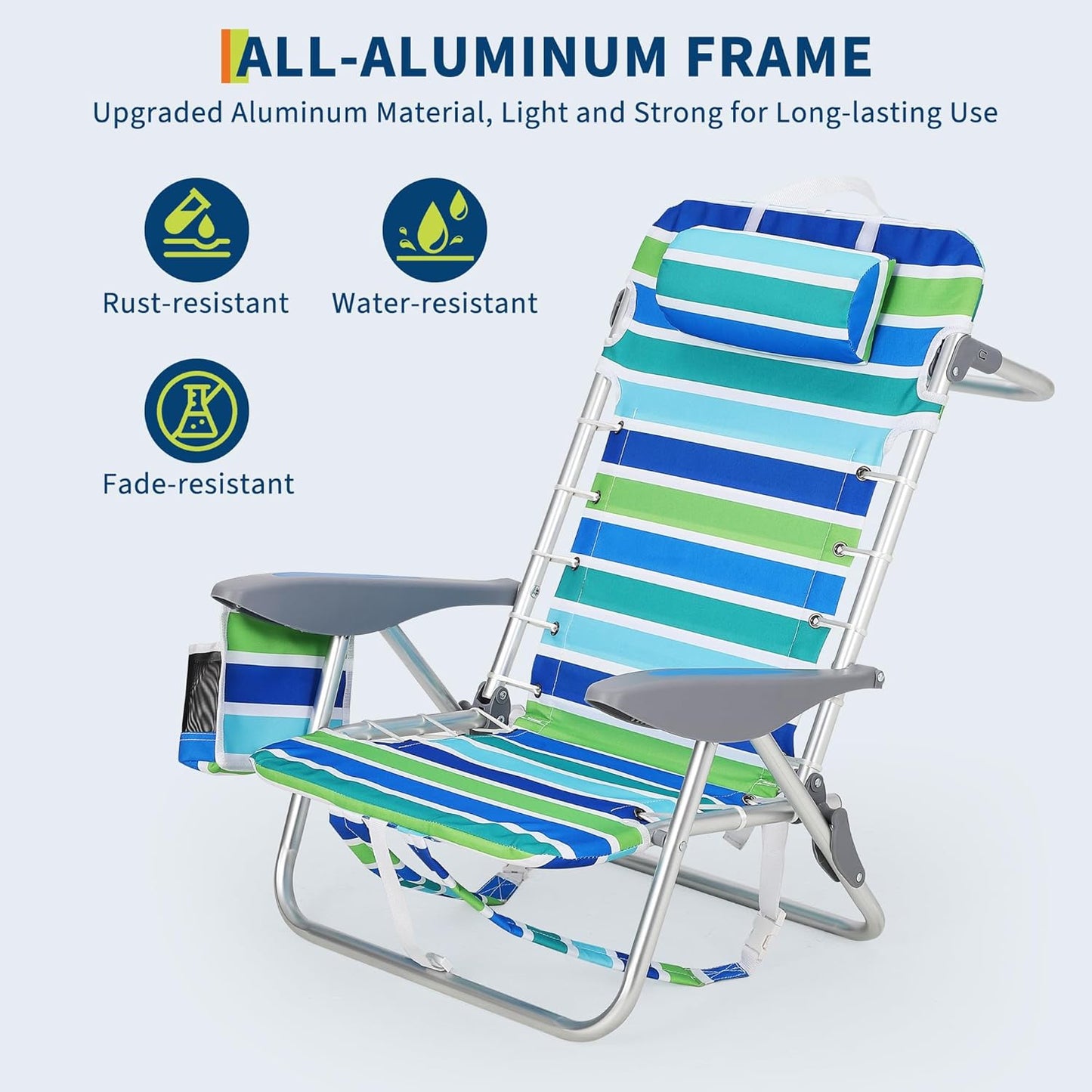 Riedhoff Portable Beach Chair with Adjustable Backrest and Cup Holders, Ocean Striped