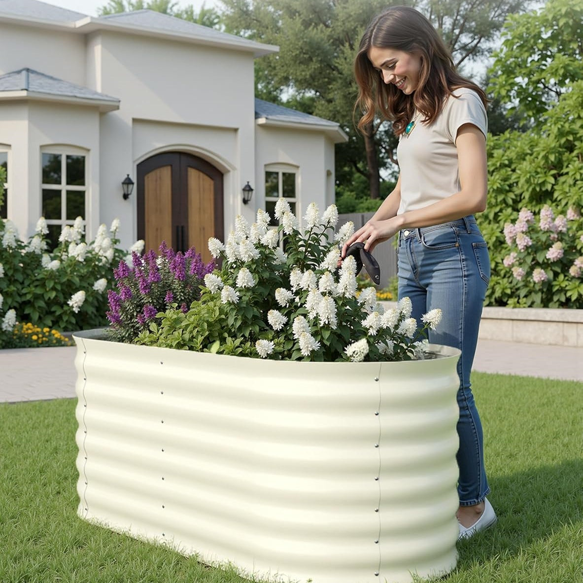 WildBreak Oval Steel Raised Garden Bed, 4 x 2 x 2 ft, Beige