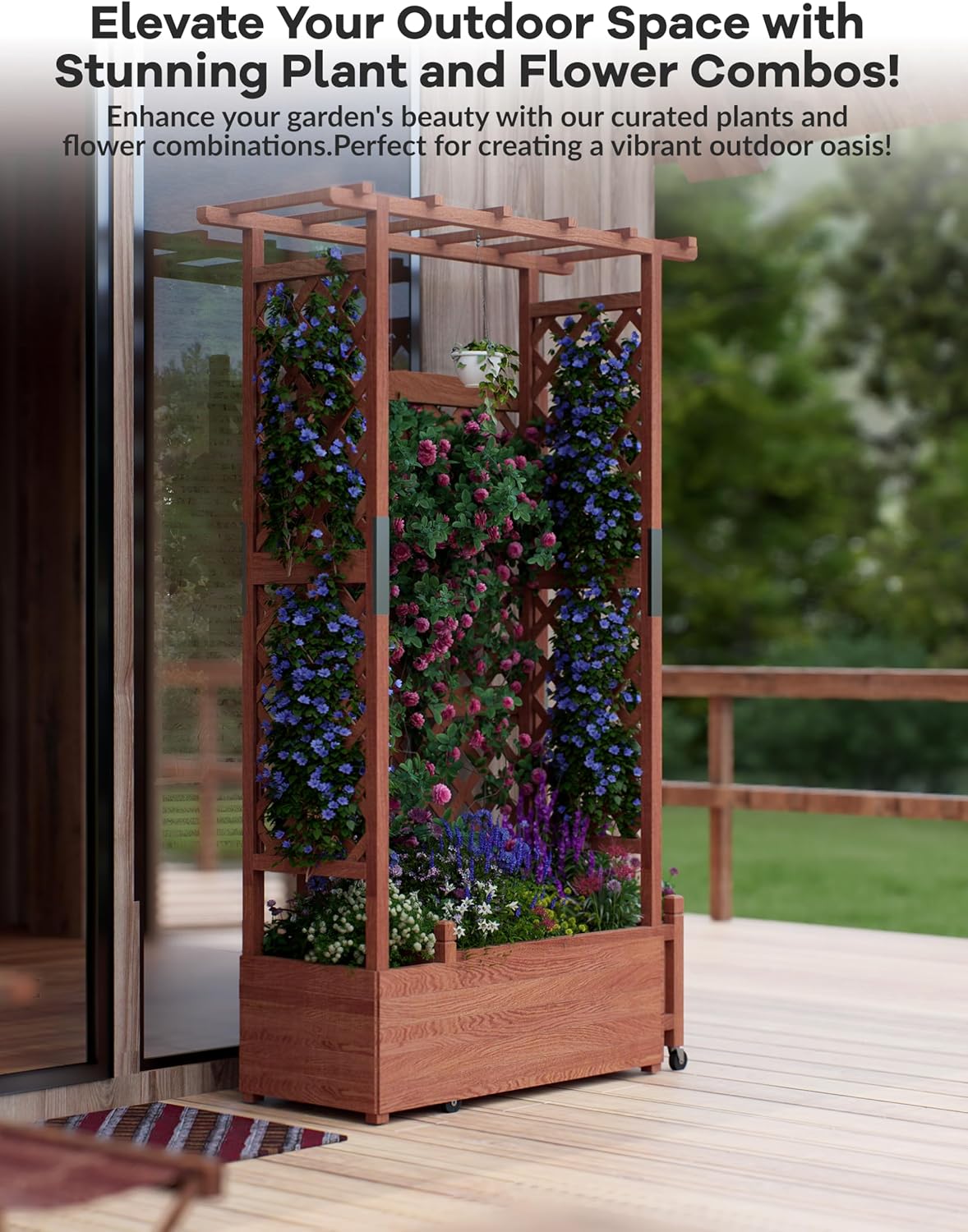 Riedhoff Wooden Raised Garden Bed with Trellis, Hanging Roof & Side Trellis