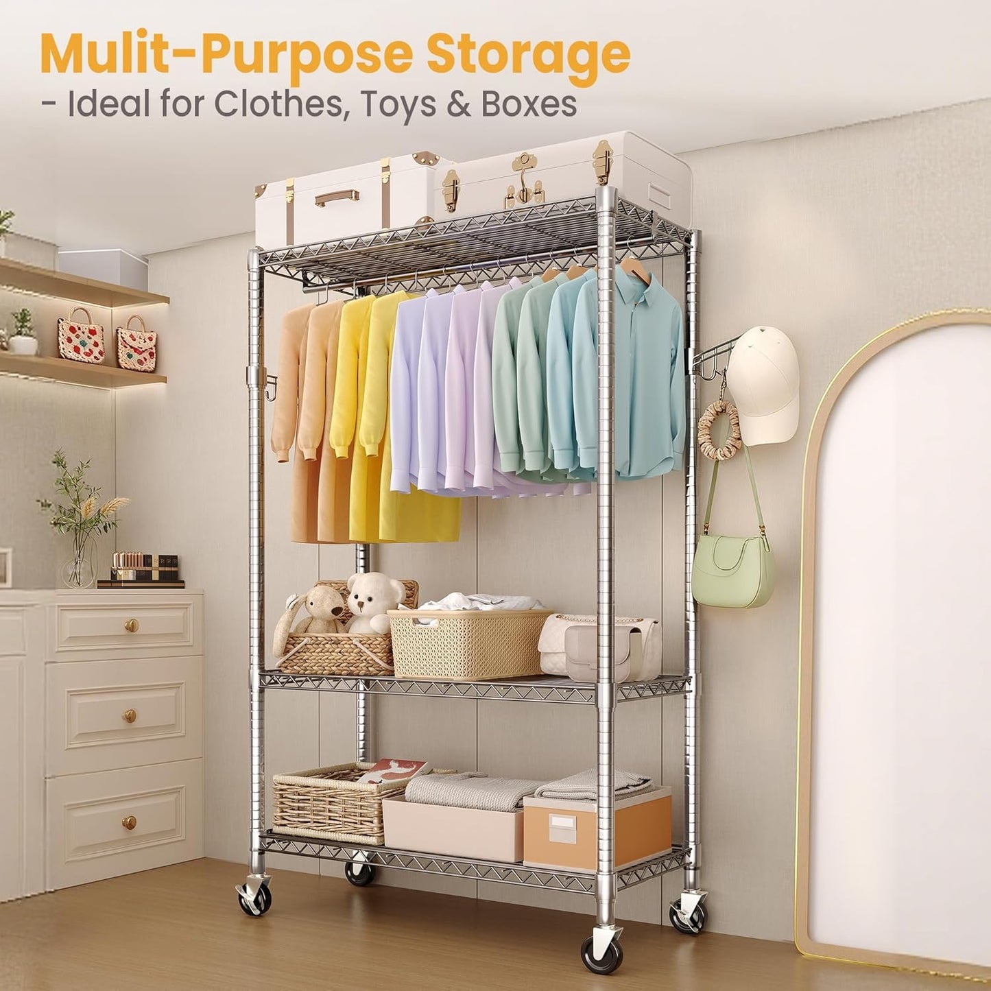 Garvee Rolling Clothes Rack, Adjustable Garment Rack, Wheels and Hooks, 45.2 x 15.8 x 75.7", Silver