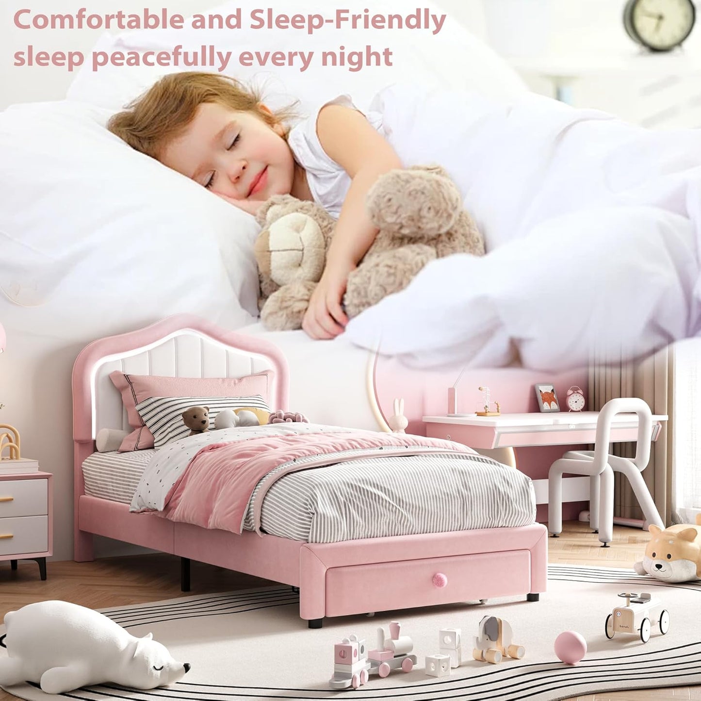Goldensoil 11.4 inch Twin Size Bed Frame for Girls, with Storage Drawer, LED Light, Pink