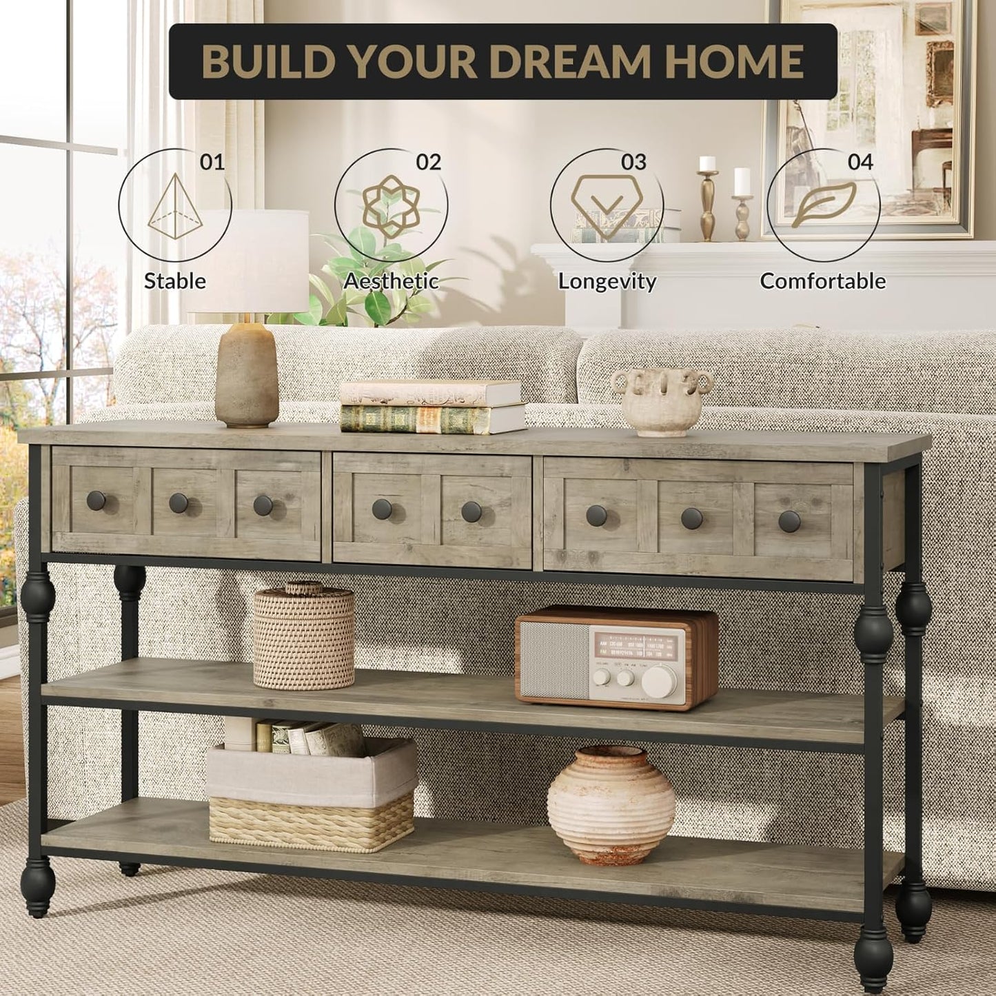 Garvee Console Sofa Table with 3 Drawers, 3-Tier Storage Shelves, 52.56 x 11.81 x 28.54", Gray