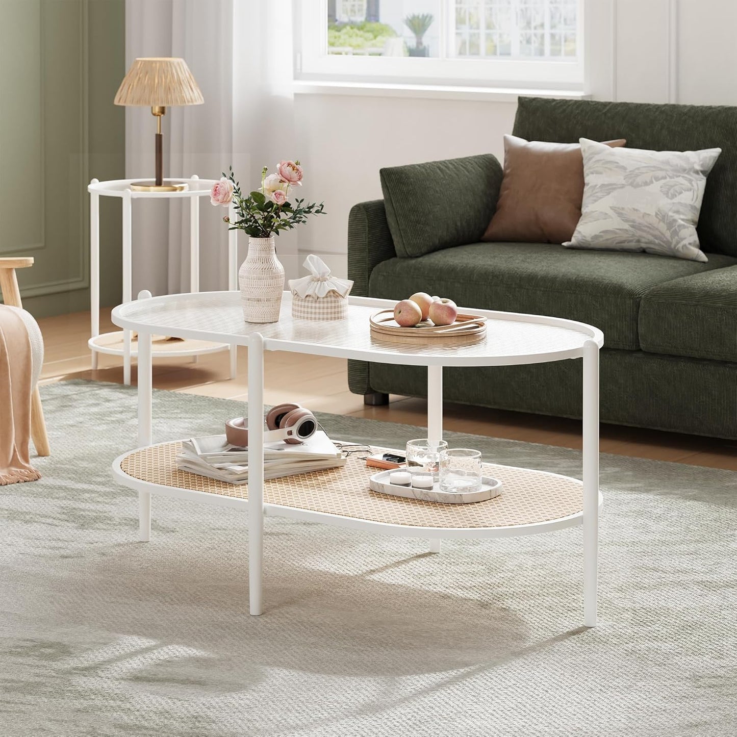 Garvee 2 Tier Oval Rattan Coffee Table 37.4 x 19.6 x 18.1", with Storage