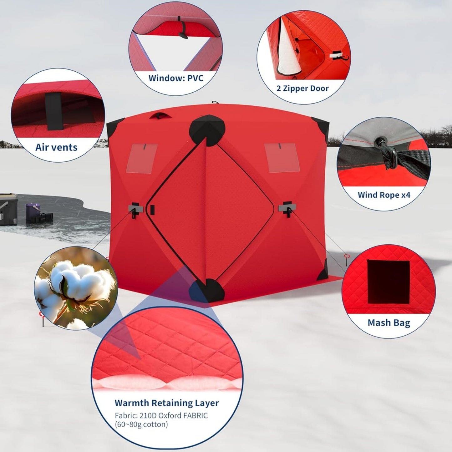 Garvee Ice Fishing Insulated Tent, 6-7 Person Shelter, 70.8 x 70.8 x 78.7"