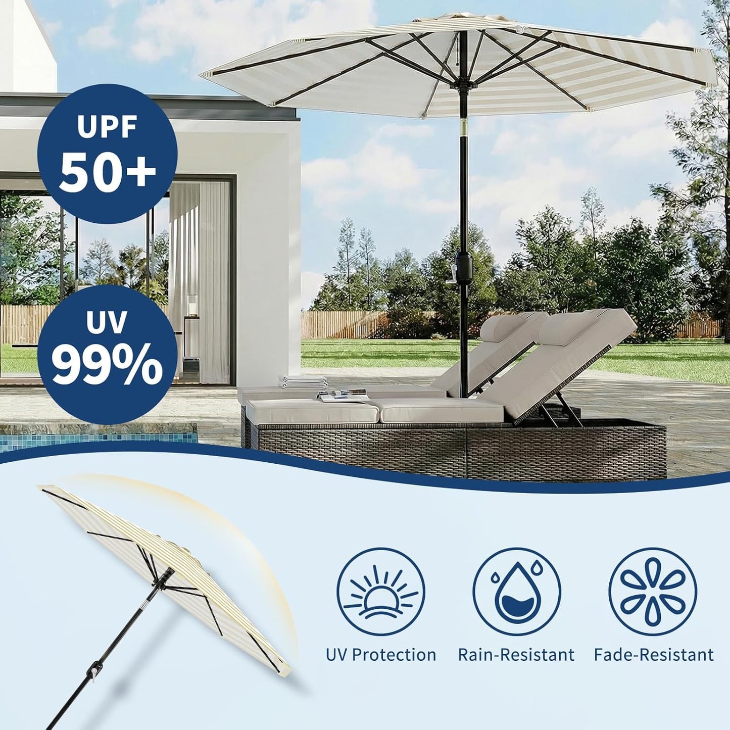Garvee 9 ft Patio Table Umbrella, 8 Ribs, Crank Lift & Push Button Tilt