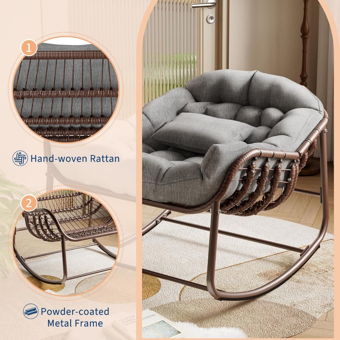 Garvee Outdoor Rocking Chair with Cushion, 36.6 x 33 x 25.2", Oversized Papasan Rocker