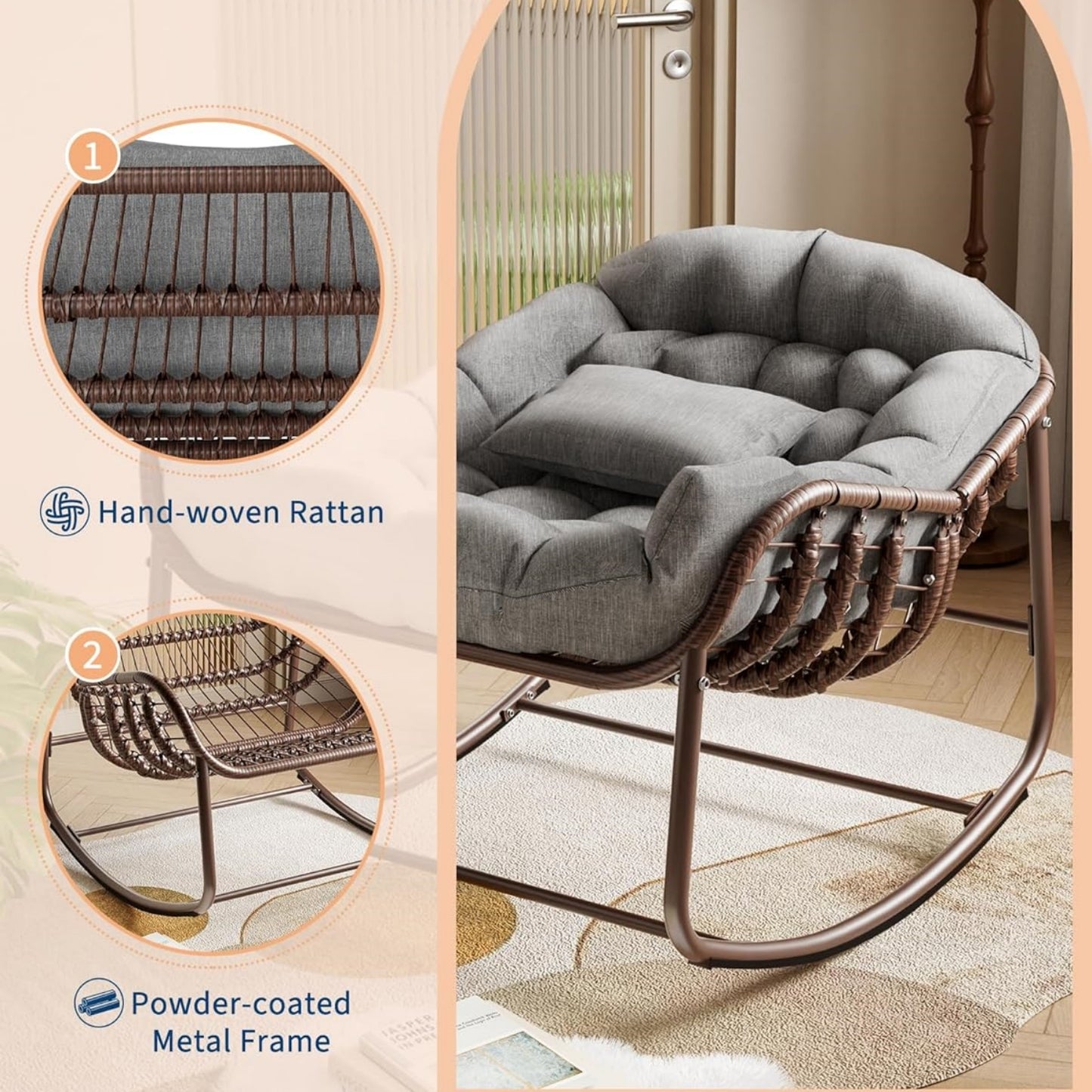 Garvee Outdoor Rocking Chair with Cushion, 36.6 x 33 x 25.2", Oversized Papasan Rocker