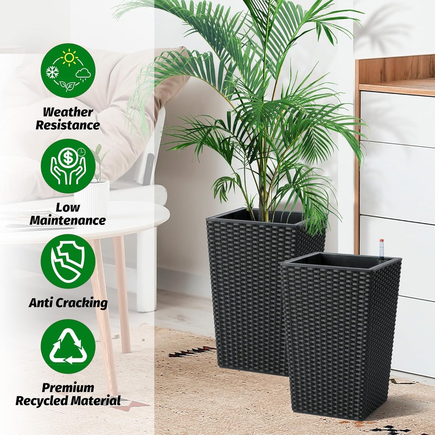 Garvee 15.6" Tall Planter Pots Set of 2, Rattan style, Tray & Water Level Monitor