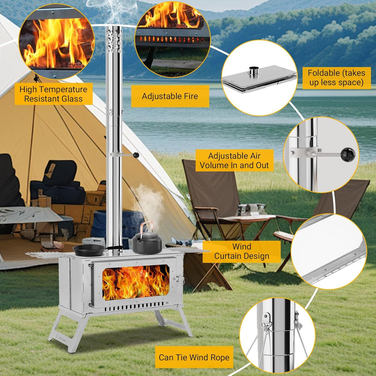 Riedhoff Wood Burning Hot Tent Stove, with Chimney and Grill, Camping Wood Stove, Silver