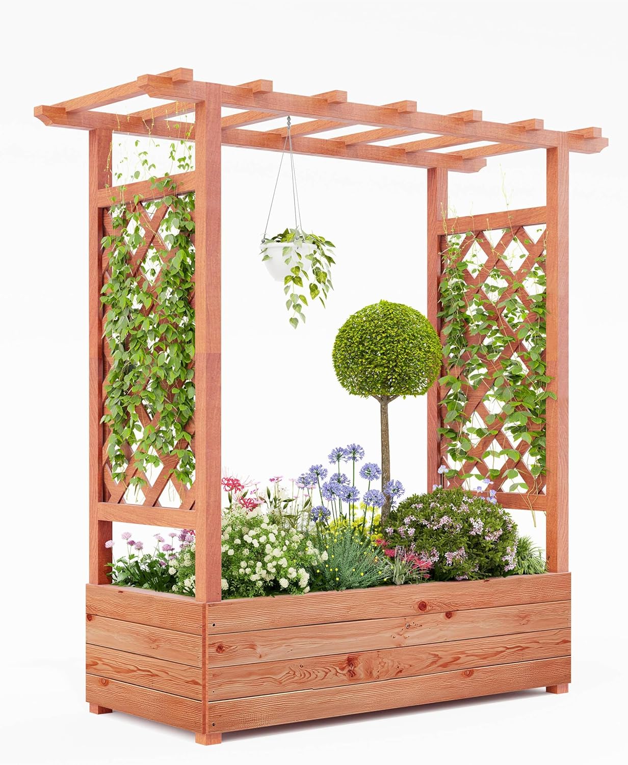 Riedhoff Wooden Raised Garden Bed with Trellis, Hanging Roof & Side Trellis