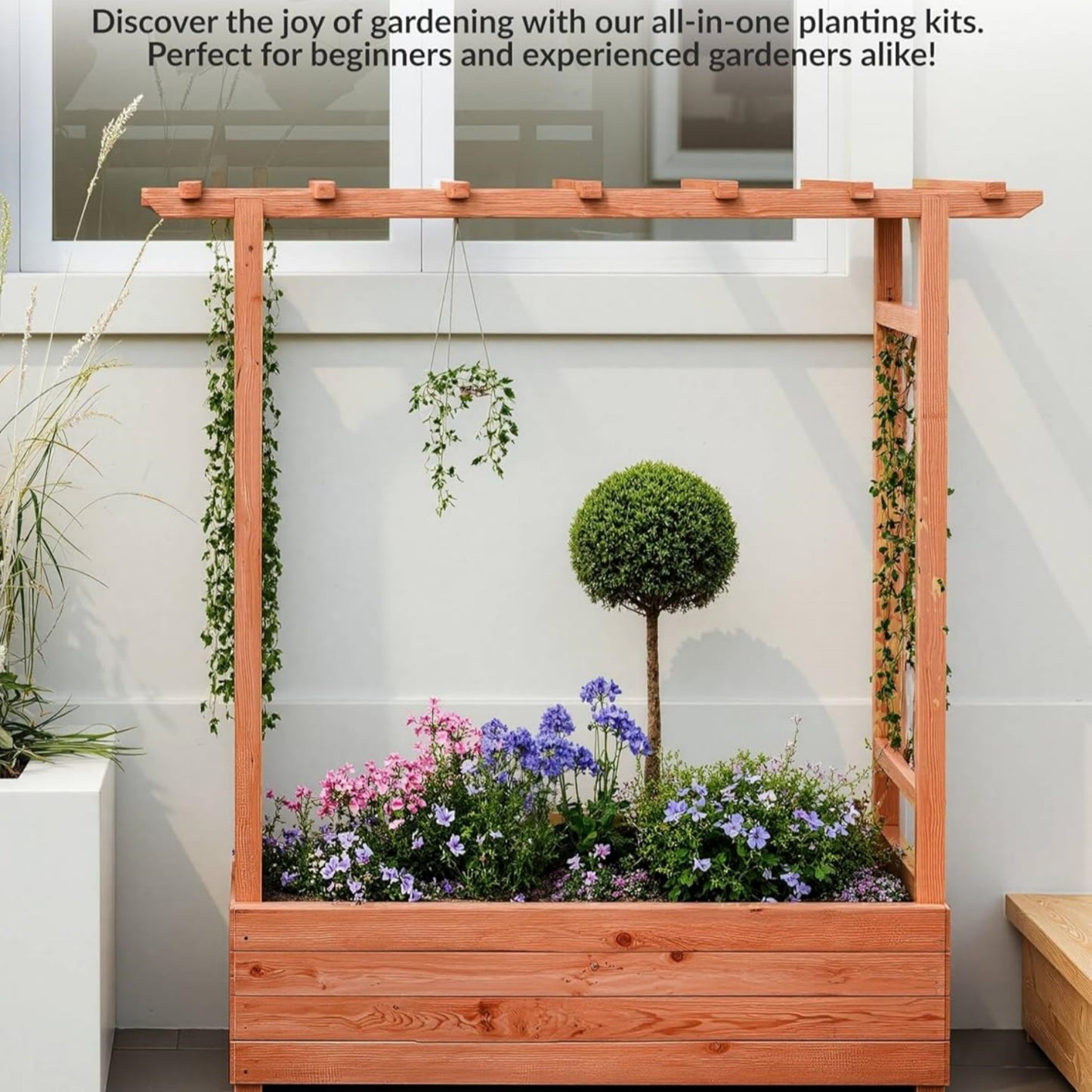 Riedhoff Wooden Raised Garden Bed with Trellis, Hanging Roof & Side Trellis