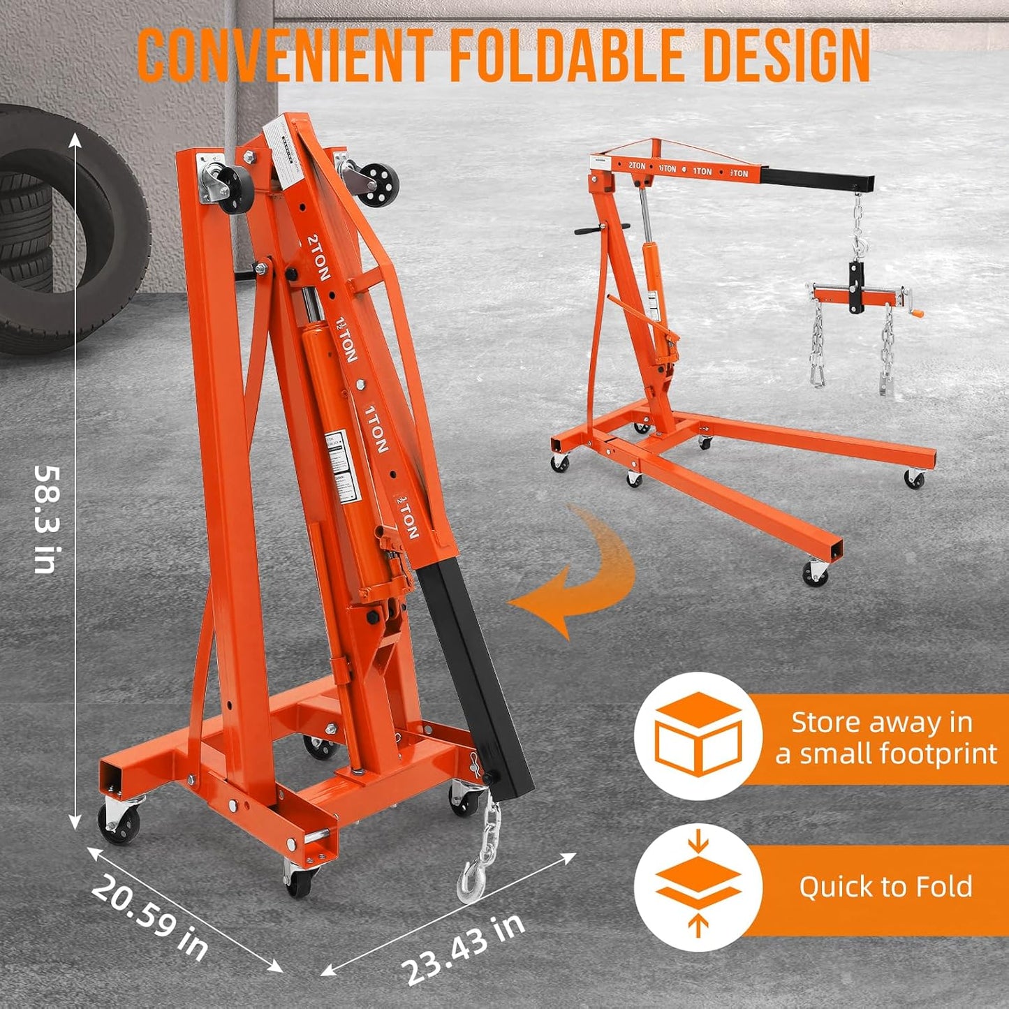 Garvee Steel Folding Hydraulic Engine Hoist, Heavy Duty with Lever, 2 Ton Max, 6 Wheels