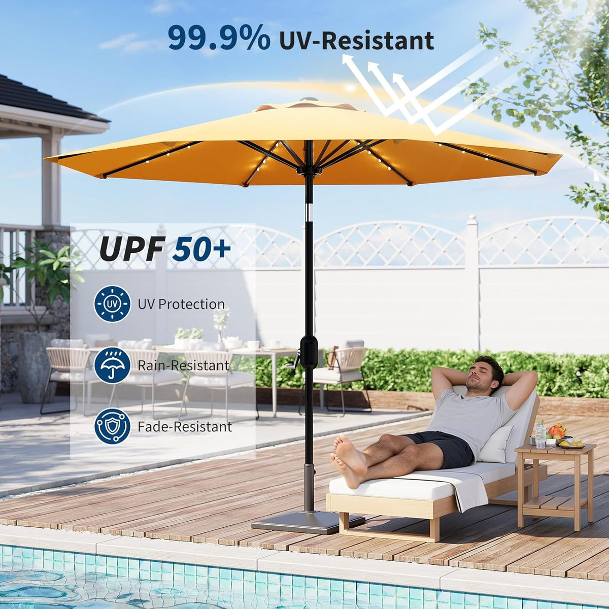 Riedhoff 9 feet Patio Umbrella with 32 LED Solar Lights, 8 Ribs, Tilt Crank