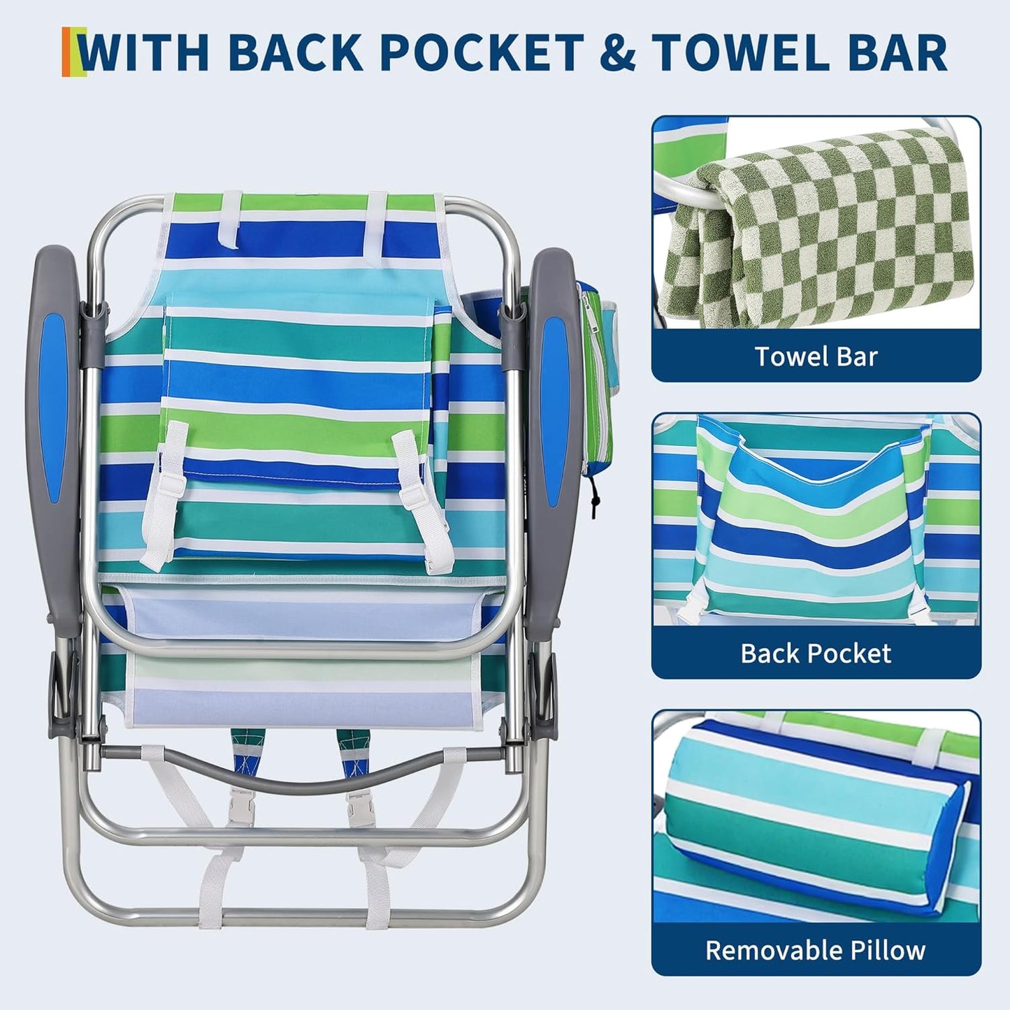Garvee 2 Pack Portable Beach Chair with Adjustable Backrest & Cup Holders, Ocean Striped