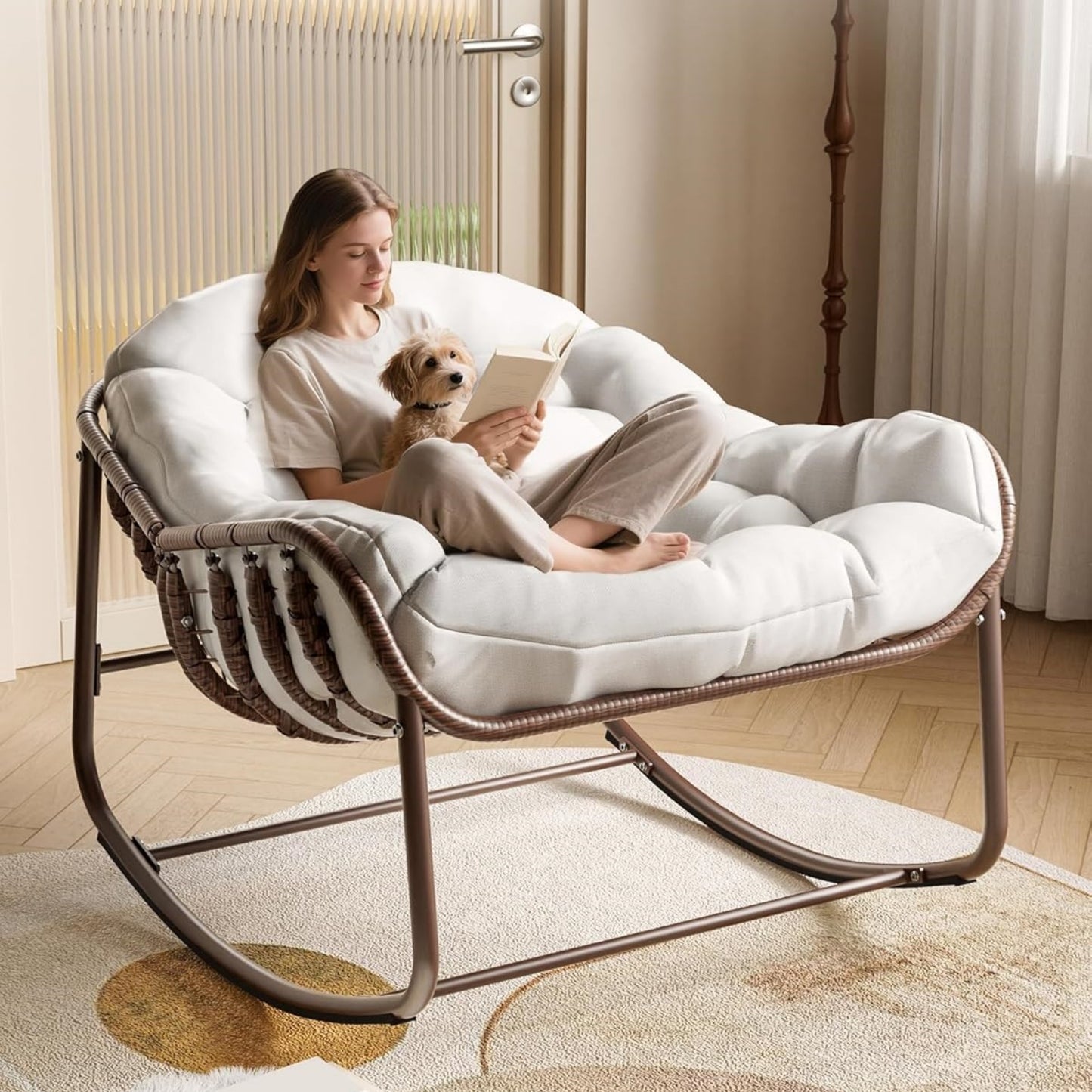 Garvee Outdoor Rocking Chair with Cushion, 36.6 x 33 x 25.2", Oversized Papasan Rocker