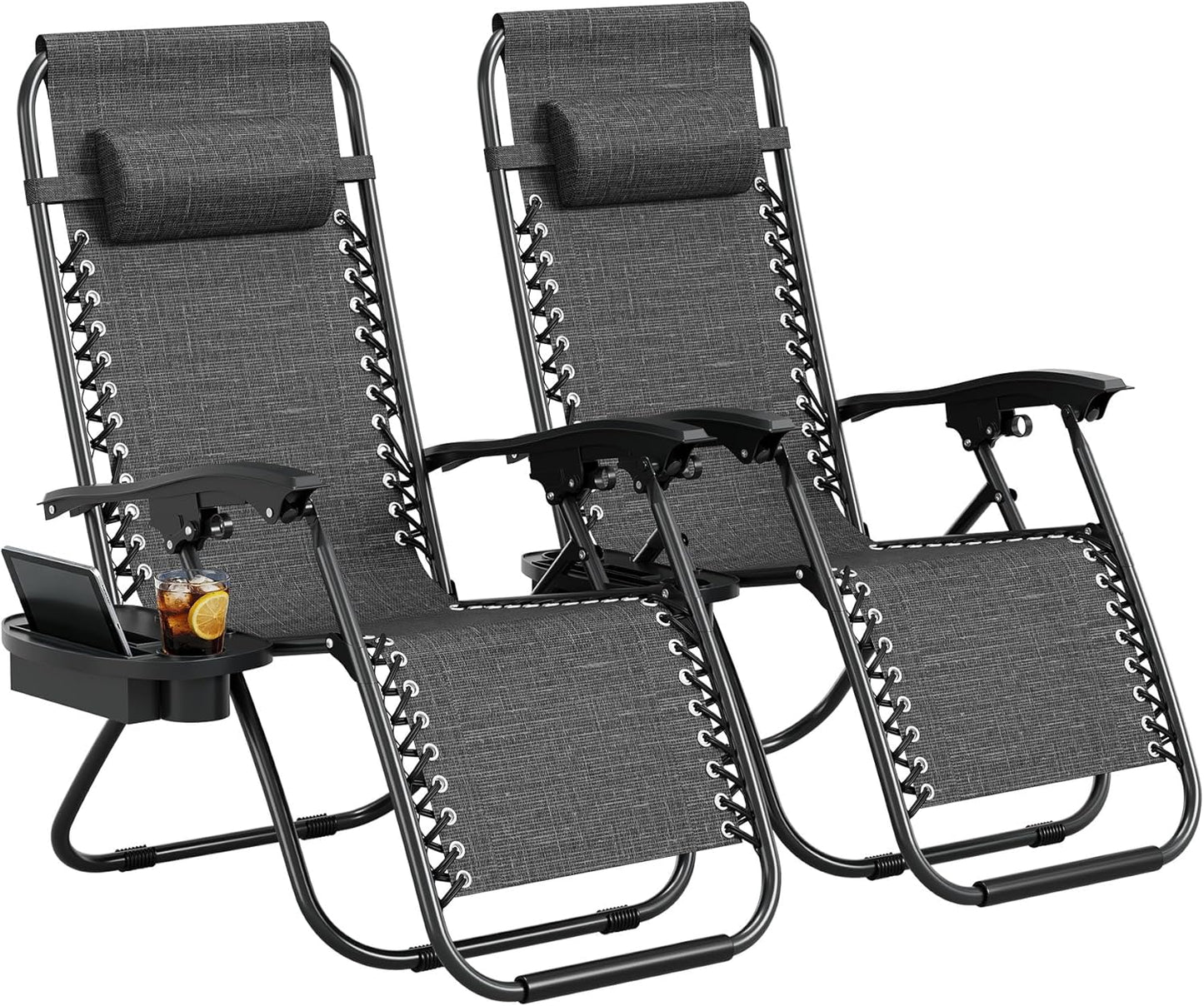 Garvee Adjustable Zero Gravity Lounge Chair Set of 2, Pillow & Cup Holder Tray