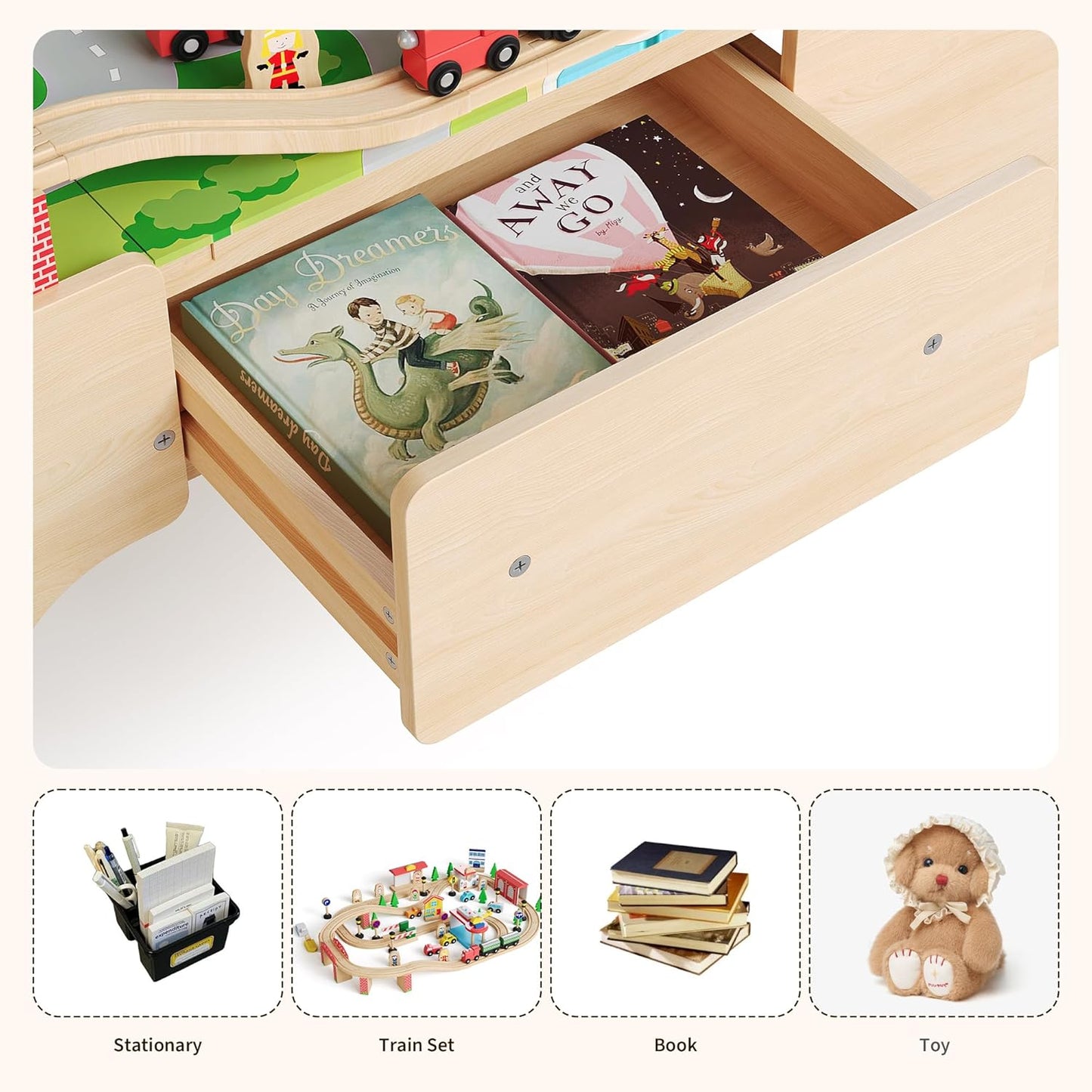 Garvee Wooden Train Table, 84 Piece Set with 1 Storage Bin, 38.2 x 24.6 x 15.6 Inch, for Toddlers 3+
