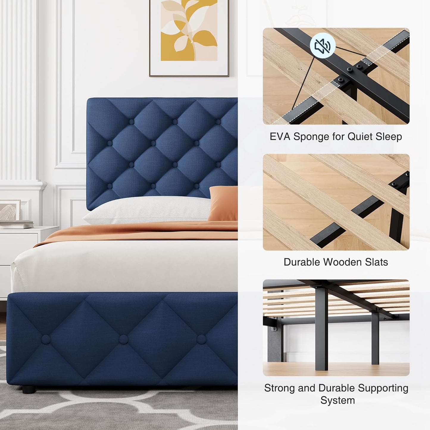 GARVEE Bed Frame with 4 Storage Drawers & Adjustable Headboard