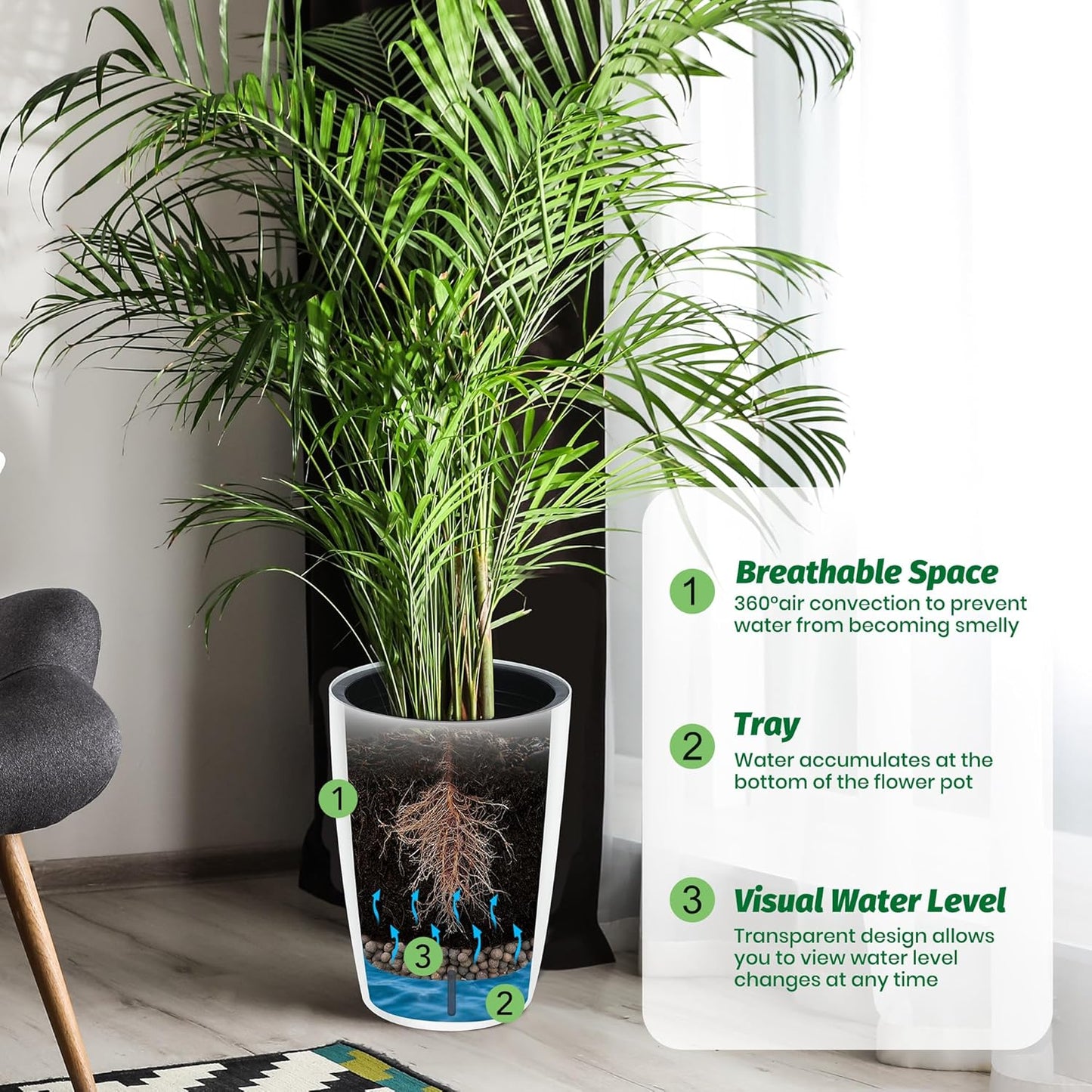 Riedhoff 15.7" Tall Round Planter Pots, Built-In Drainage, Self-Watering, 2 Count