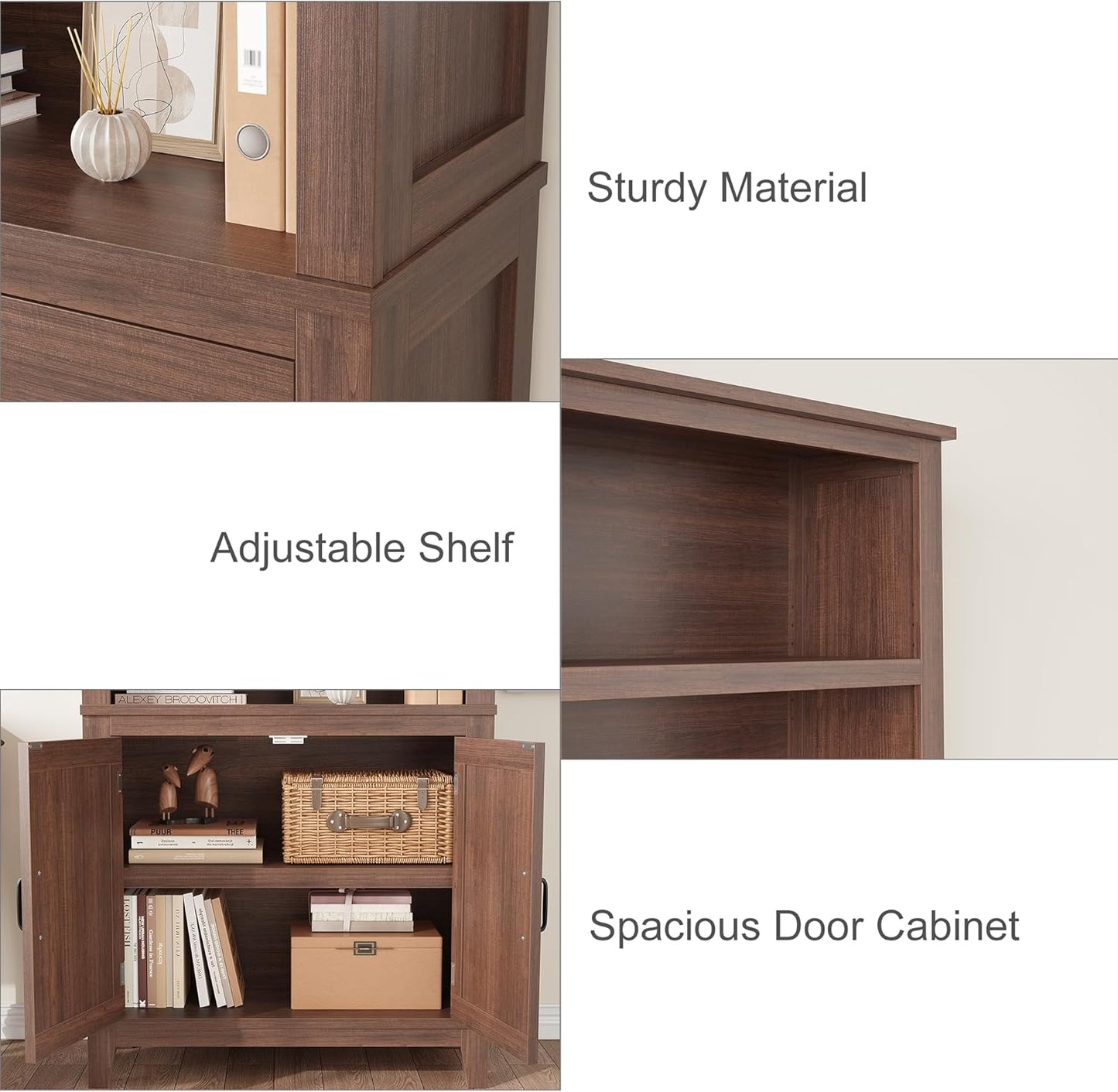 Garvee 5 Tier Farmhouse Bookcase 31.5 x 11.8 x 71.3", 2 Doors & 3 Adjustable Shelf, Brown