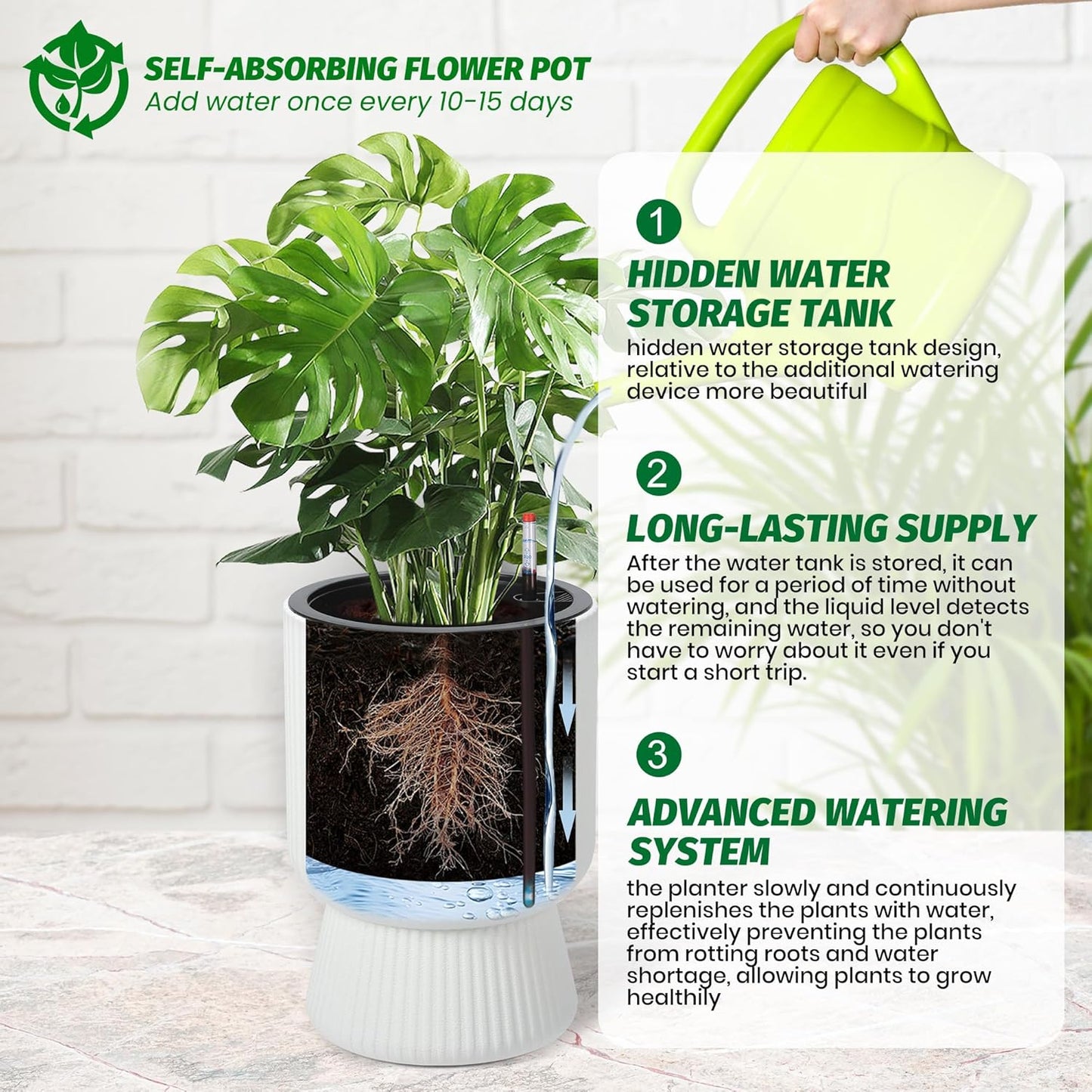 Riedhoff 14.2" Planters Pots Set of 2, with Inner Bucket & Water Level Monitor