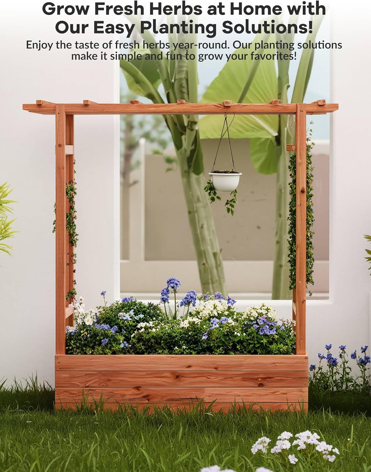 Riedhoff Wooden Raised Garden Bed with Trellis, Hanging Roof & Side Trellis