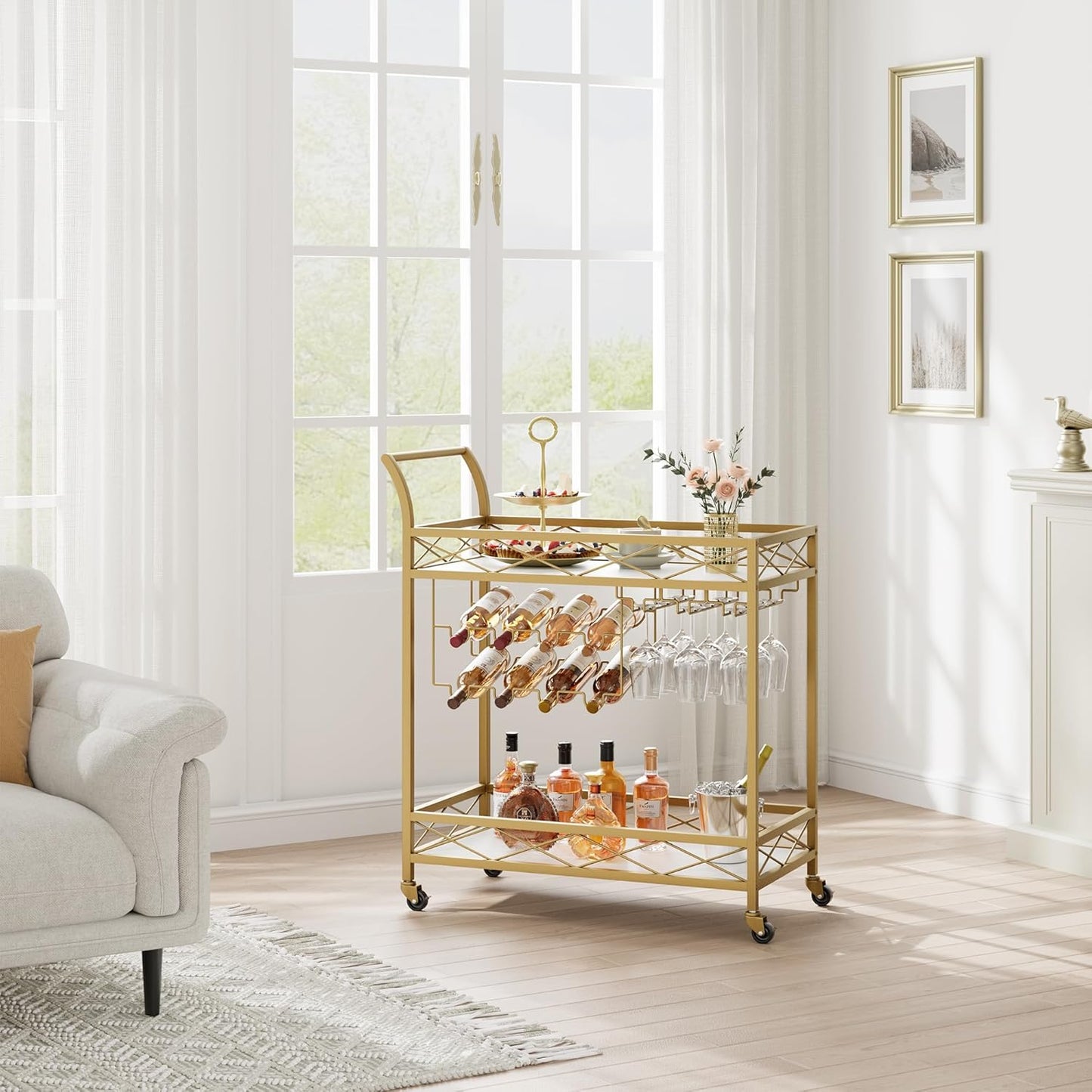 Garvee Bar Serving Cart, with 2-Tier Storage Shelves, Wine Rack, Glass Holder, Golden