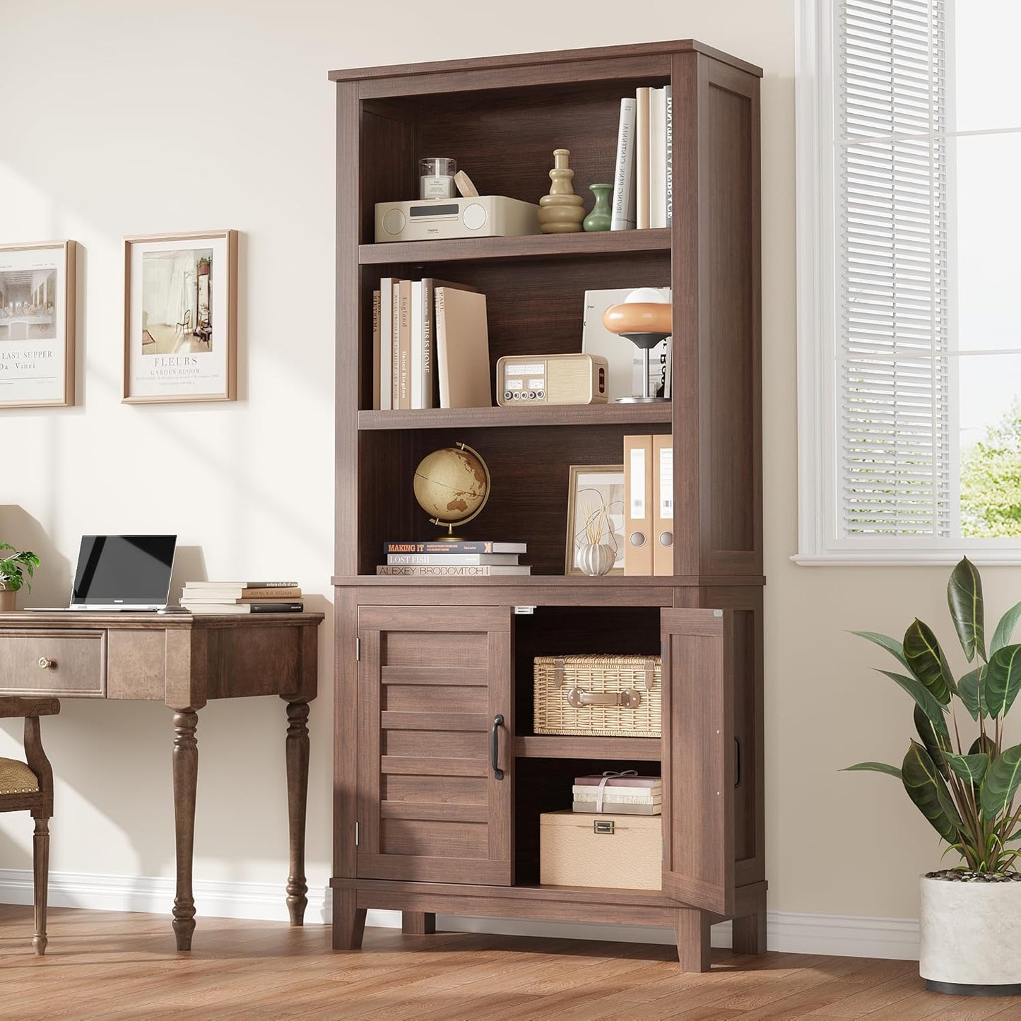 Garvee 5 Tier Farmhouse Bookcase 31.5 x 11.8 x 71.3", 2 Doors & 3 Adjustable Shelf, Brown