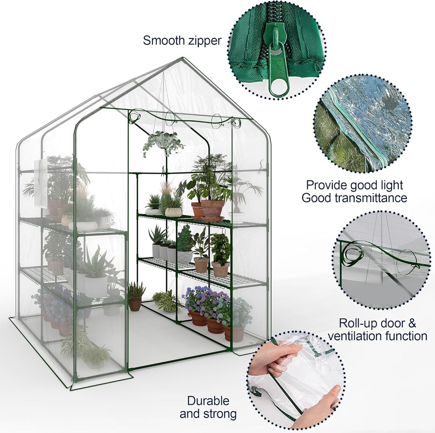 Garvee Walk-in Greenhouse 56.3" x 56.3" x 76.8", PE Cover, 3-Tier 12 Shelf, Clear